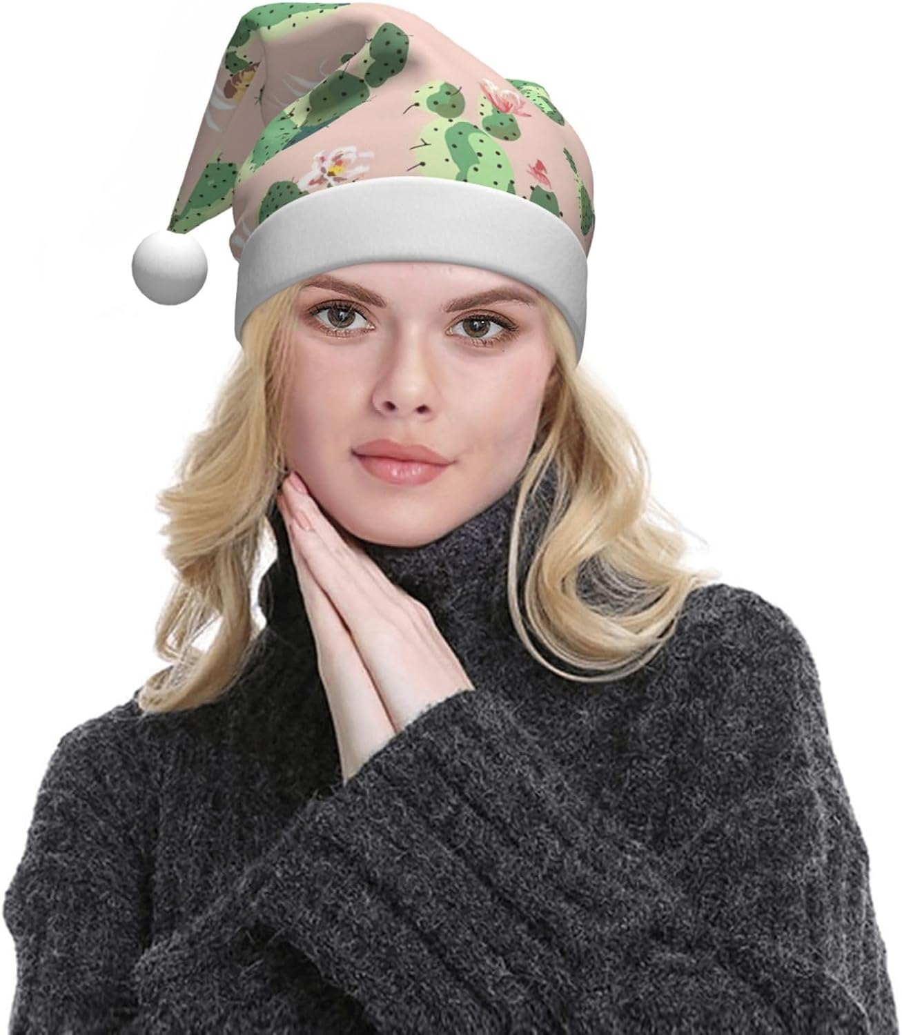QinZheng Cactus Print Santa Hat for Women