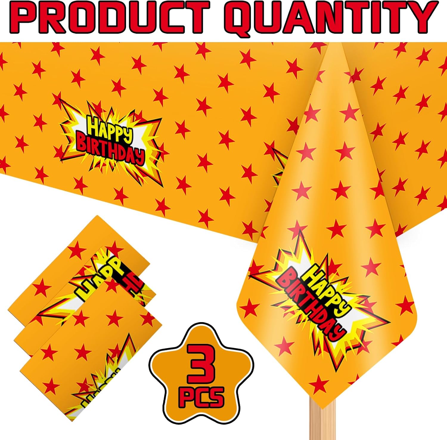 3Pcs Anime Party Tablecloth Yellow Red Stars Print