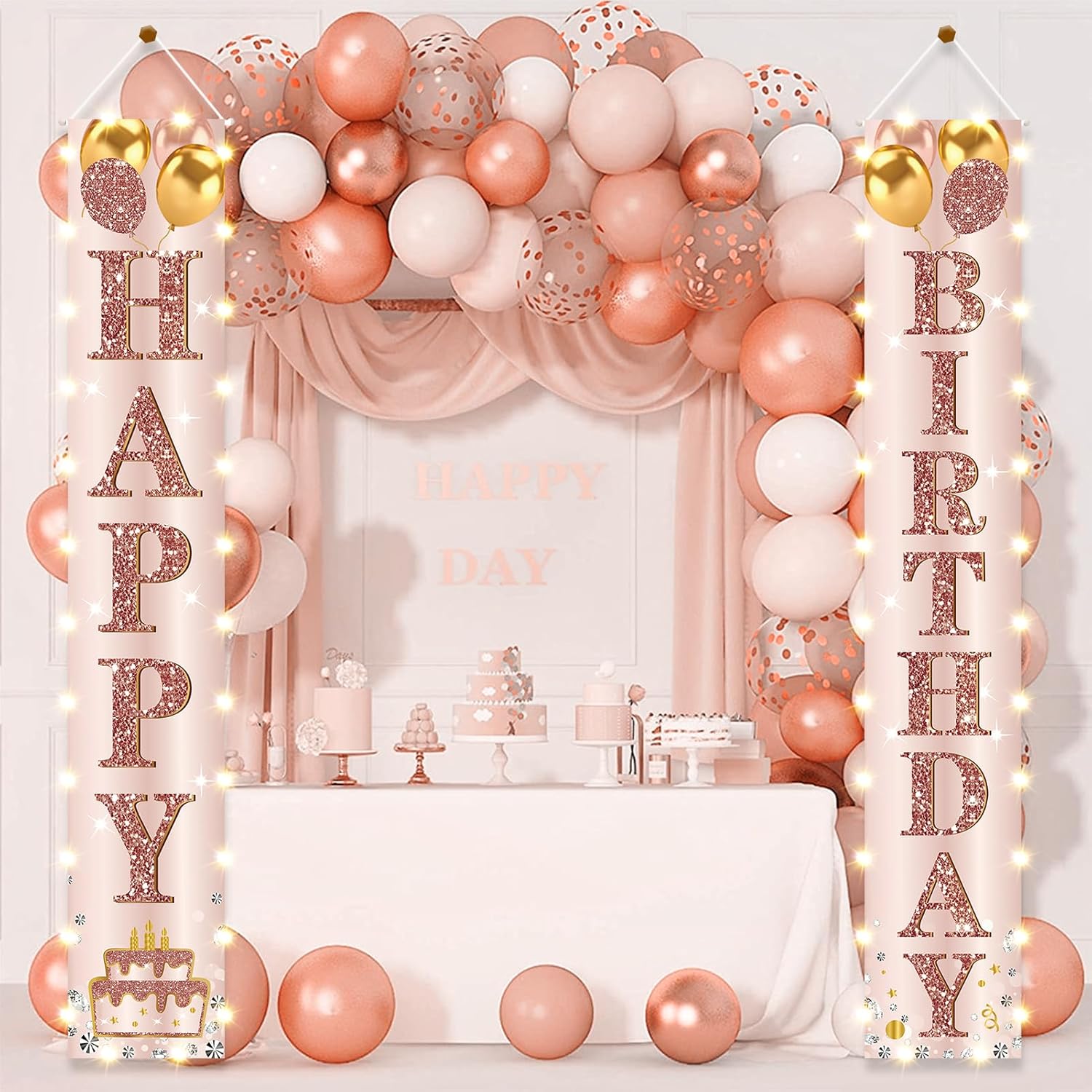 Happy Birthday LED Door Banner Decorations - Pink Rose Gold