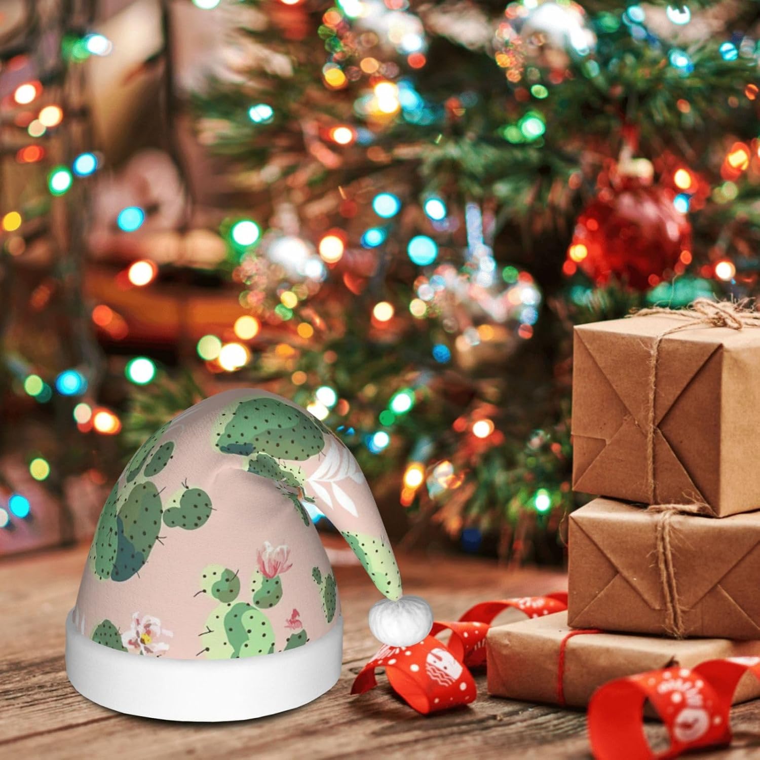QinZheng Cactus Print Santa Hat for Women