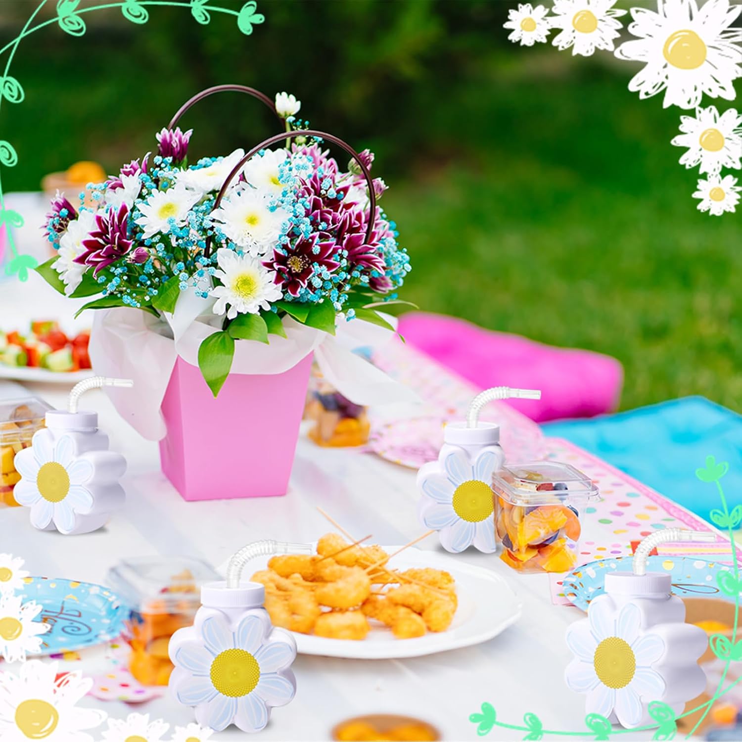 Domensi 10oz Daisy Flower Cups with Lids and Straws 12 Pcs