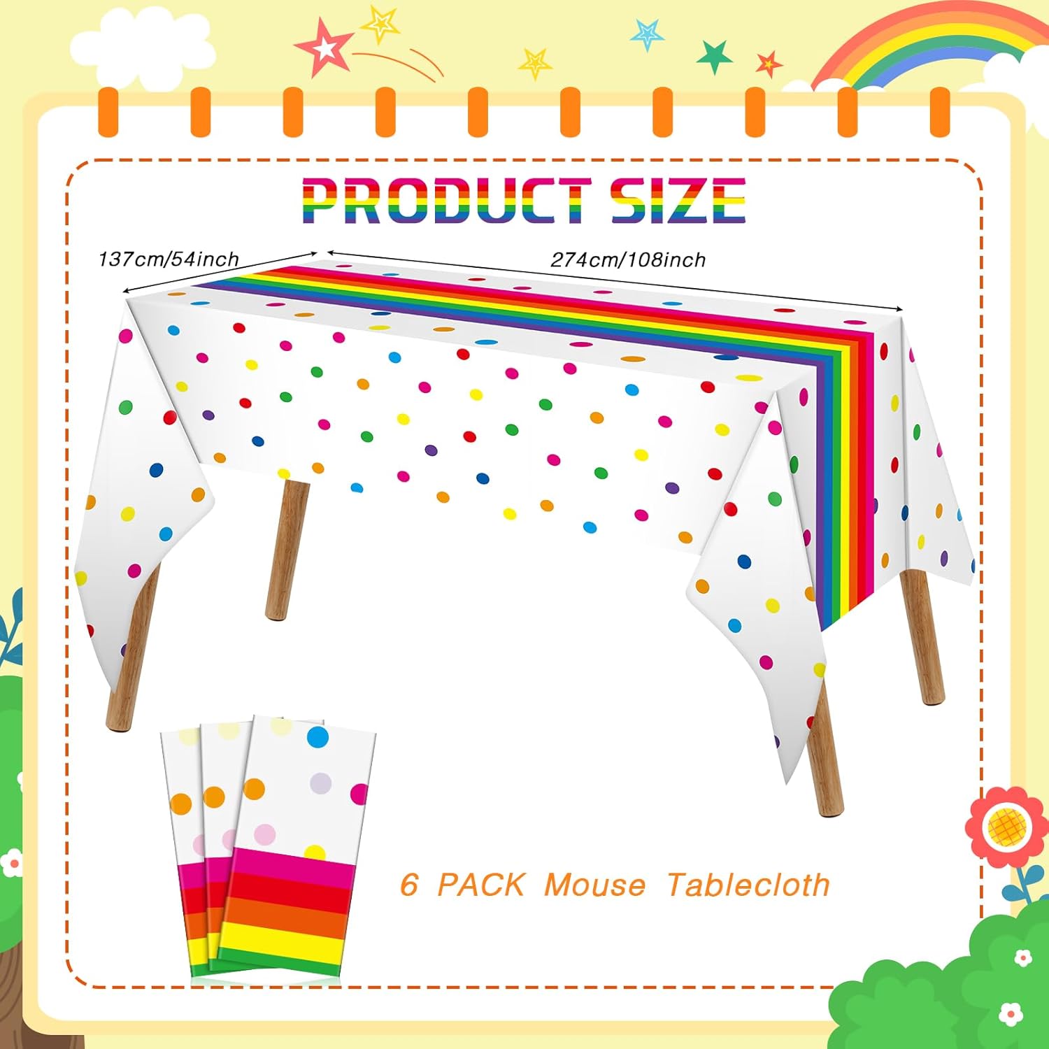 Irenare Rainbow Polka Dot Plastic Tablecloth Set 6 Pcs 54x108 Inch