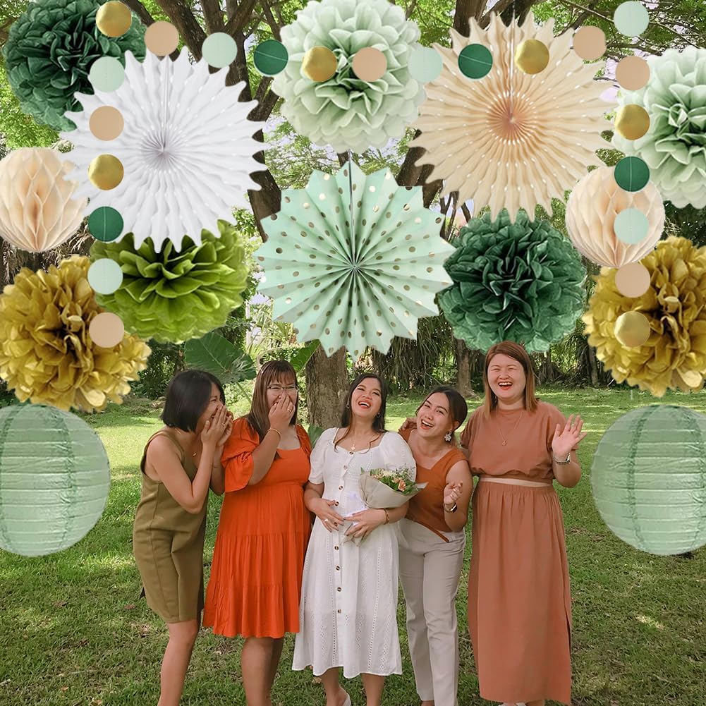 Sage Green Party Decorations Tissue Pom Poms Garland Fans Lanterns
