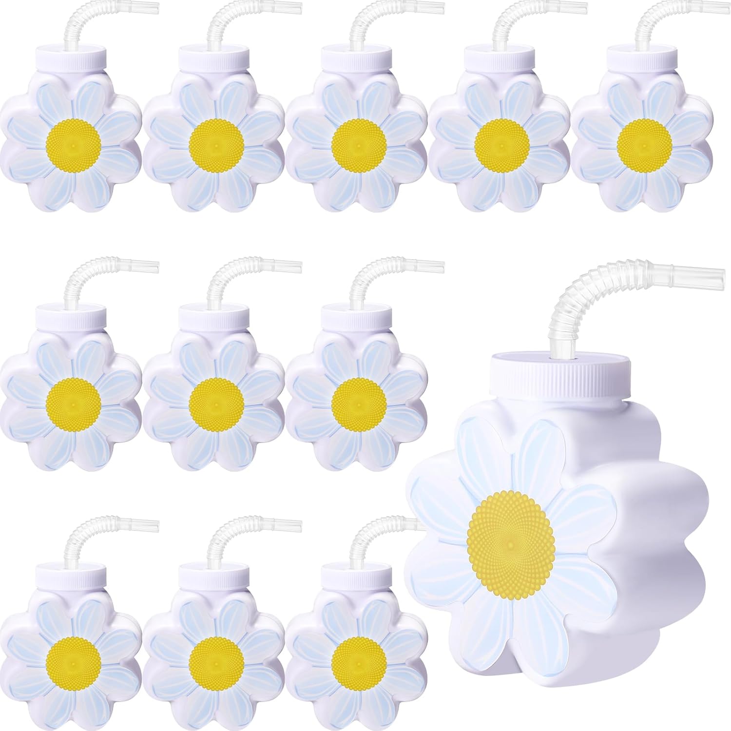 Domensi 10oz Daisy Flower Cups with Lids and Straws 12 Pcs