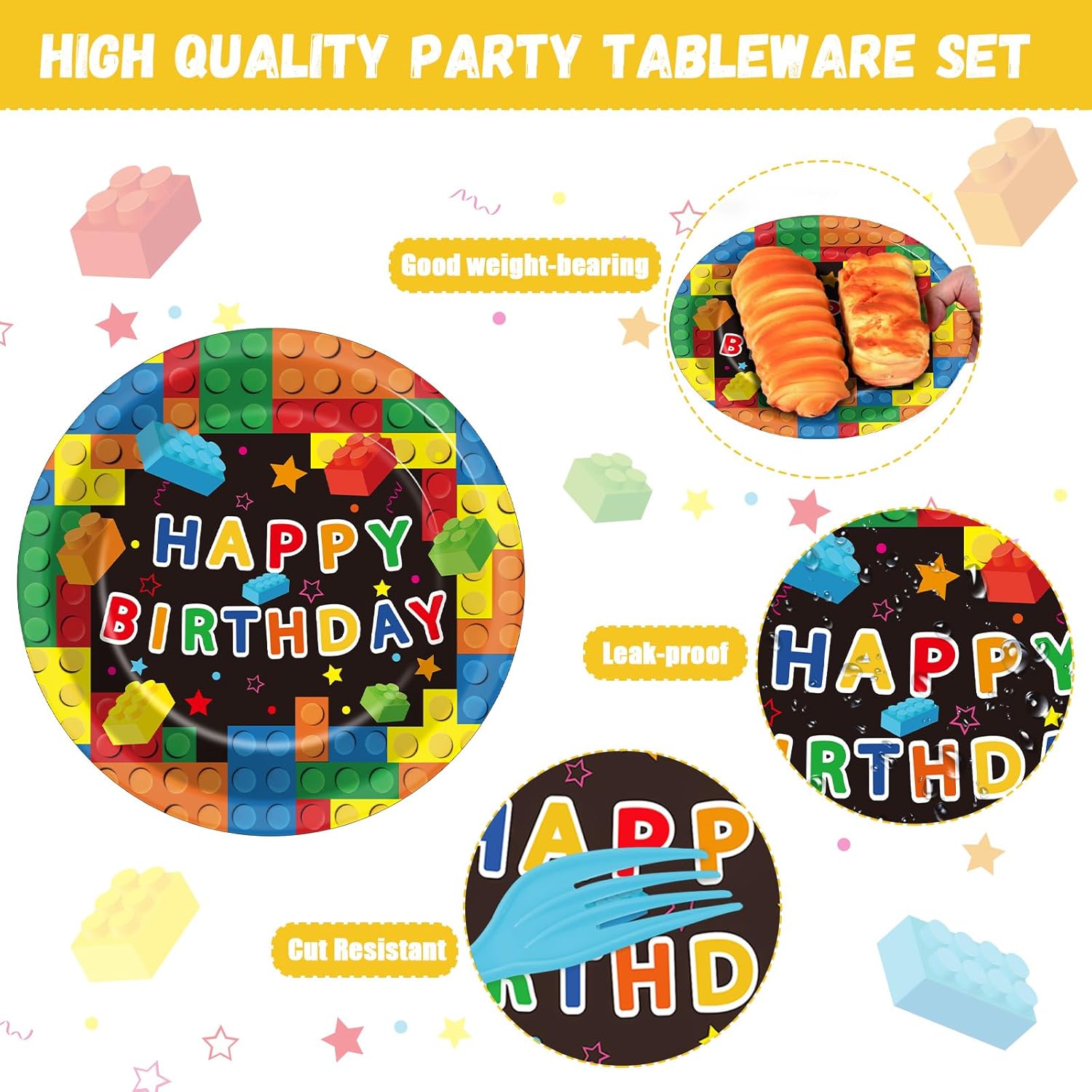 200 Pcs Building Block Party Plates Napkins Forks Set