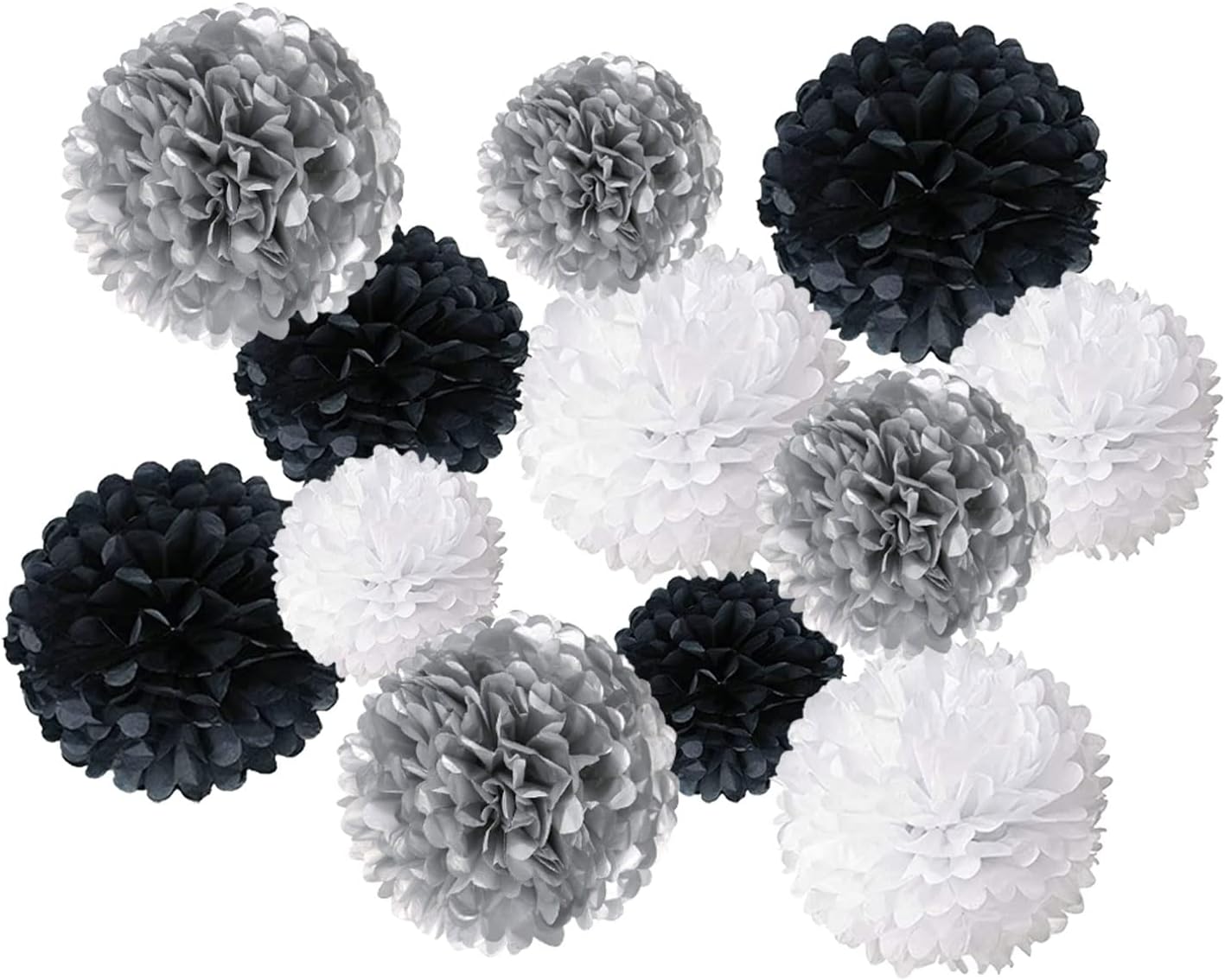Black White Silver Paper Pom Poms 12 PCS Decorations