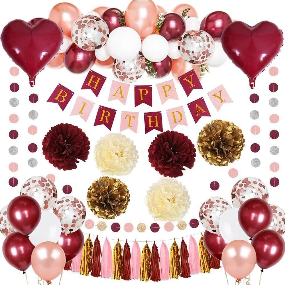 Burgundy Birthday Decorations Set with Balloons and Banner