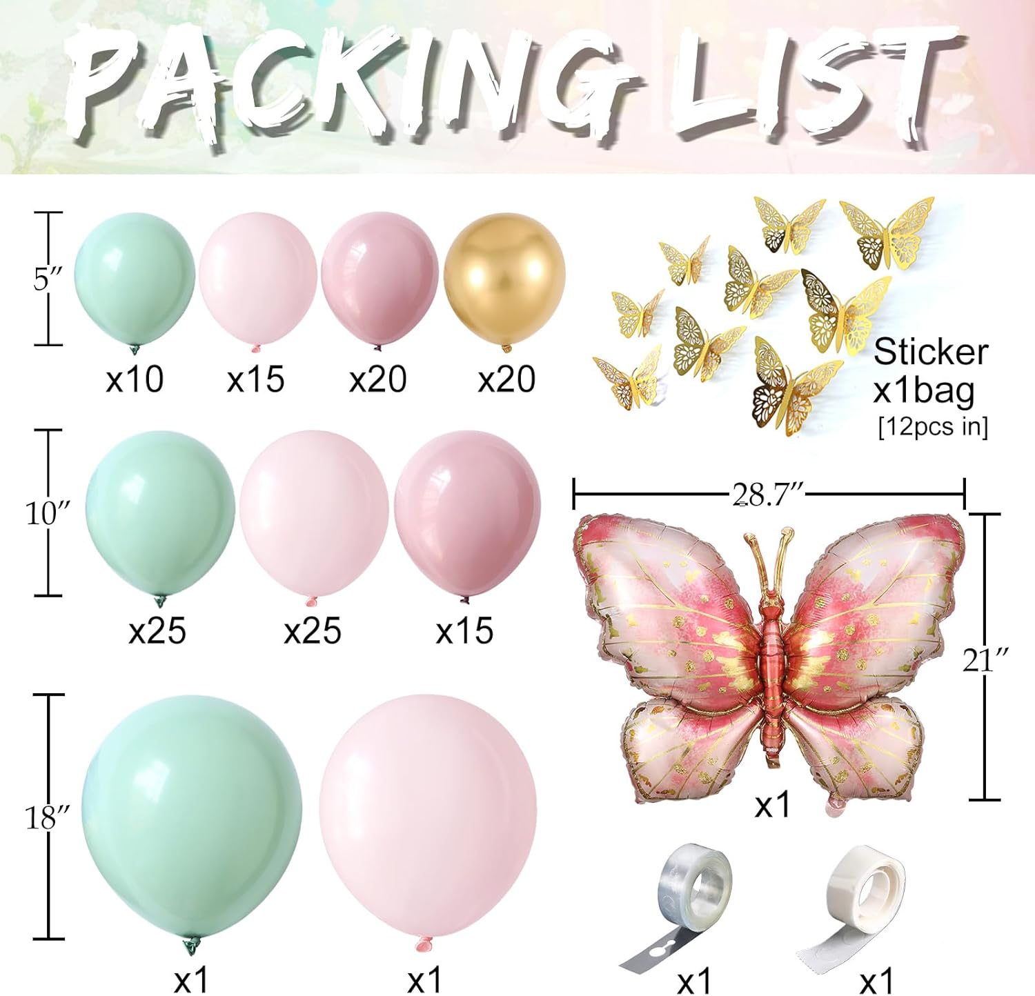 Pastel Pink Green Gold Butterfly Balloon Arch Kit for Parties