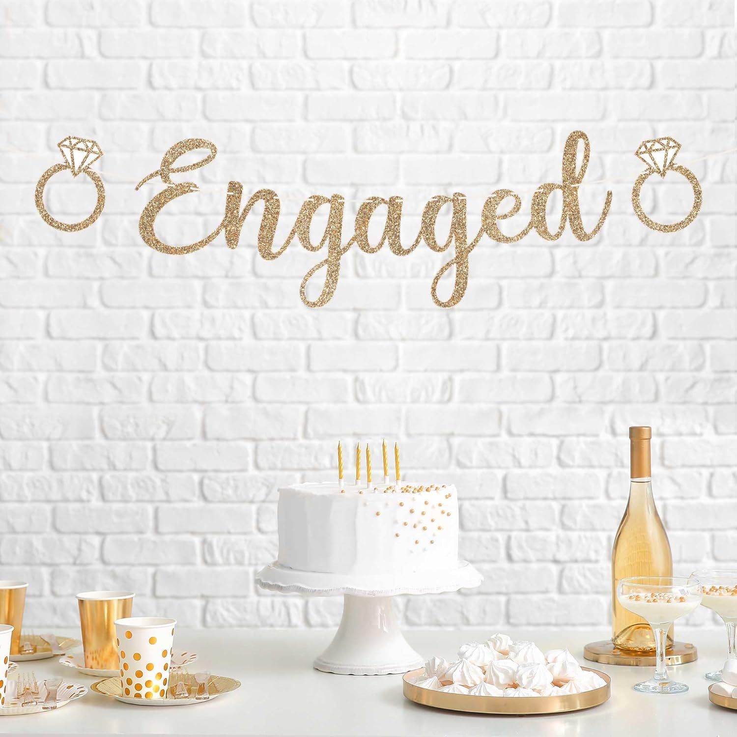 Pre-Strung Gold Glitter Engagement Banner - Happy Wedding Party Decor