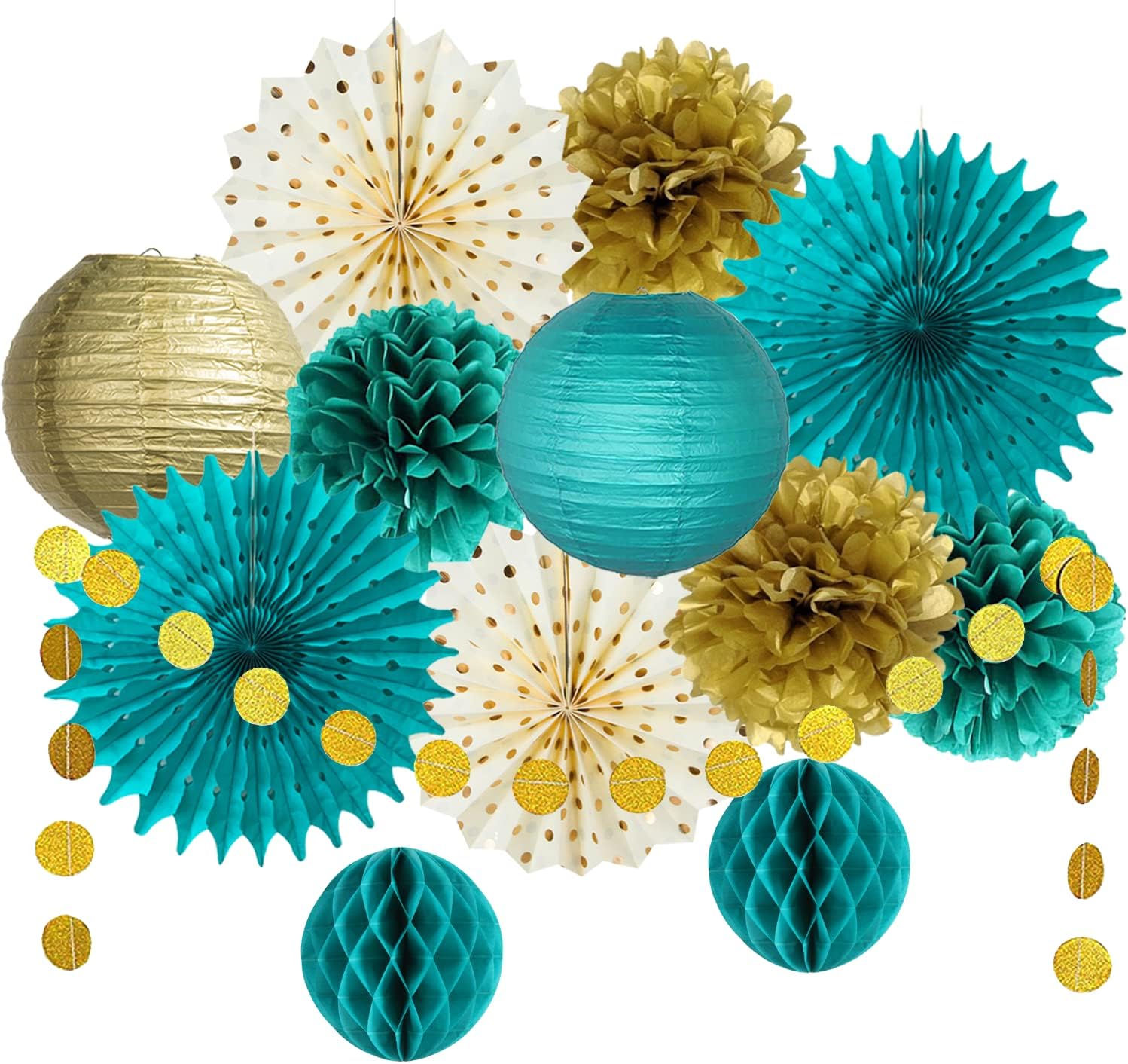 Teal Gold Party Decorations Tissue Pom Poms Garland Fans Lanterns