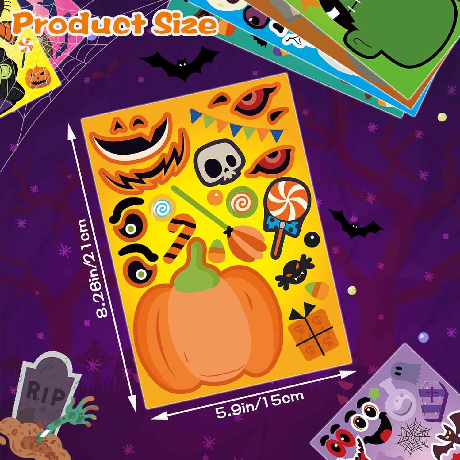 24 Sheets Halloween Stickers - Kids Craft Set with Pumpkin Mummy Zombie Vampire Themes