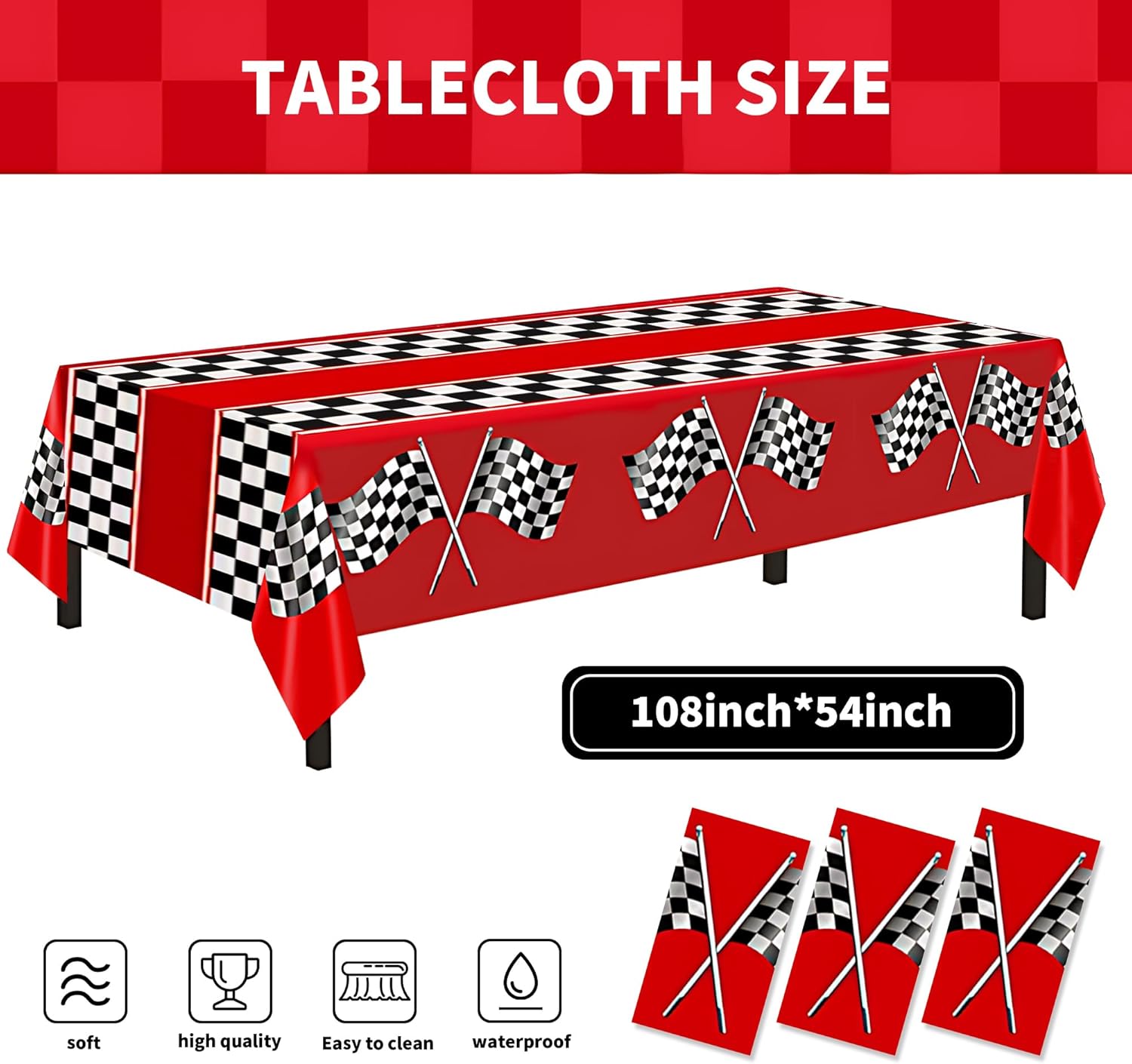 3 Pack Checkered Race Car Tablecloths for Birthday Parties