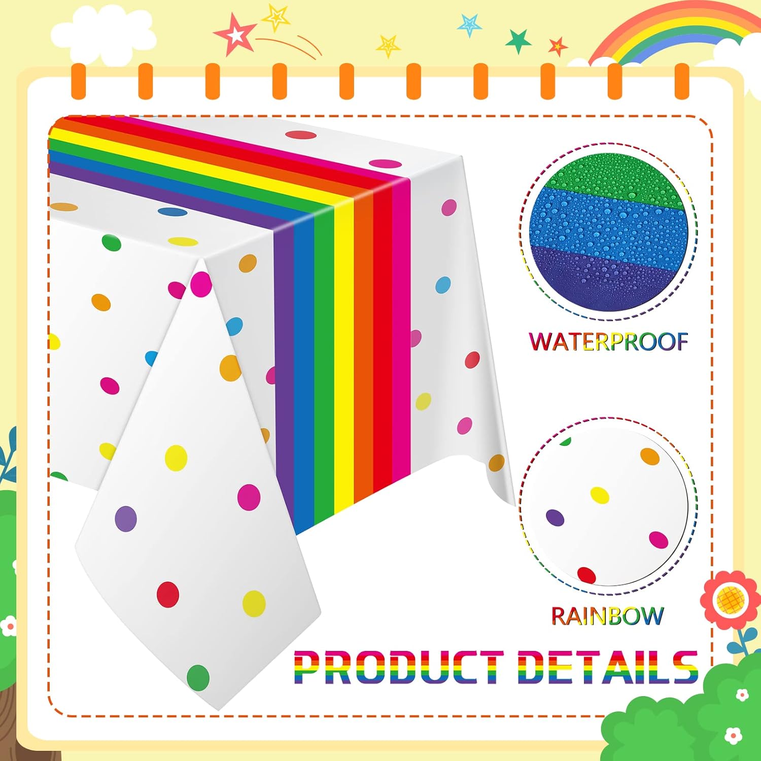 Irenare Rainbow Polka Dot Plastic Tablecloth Set 6 Pcs 54x108 Inch