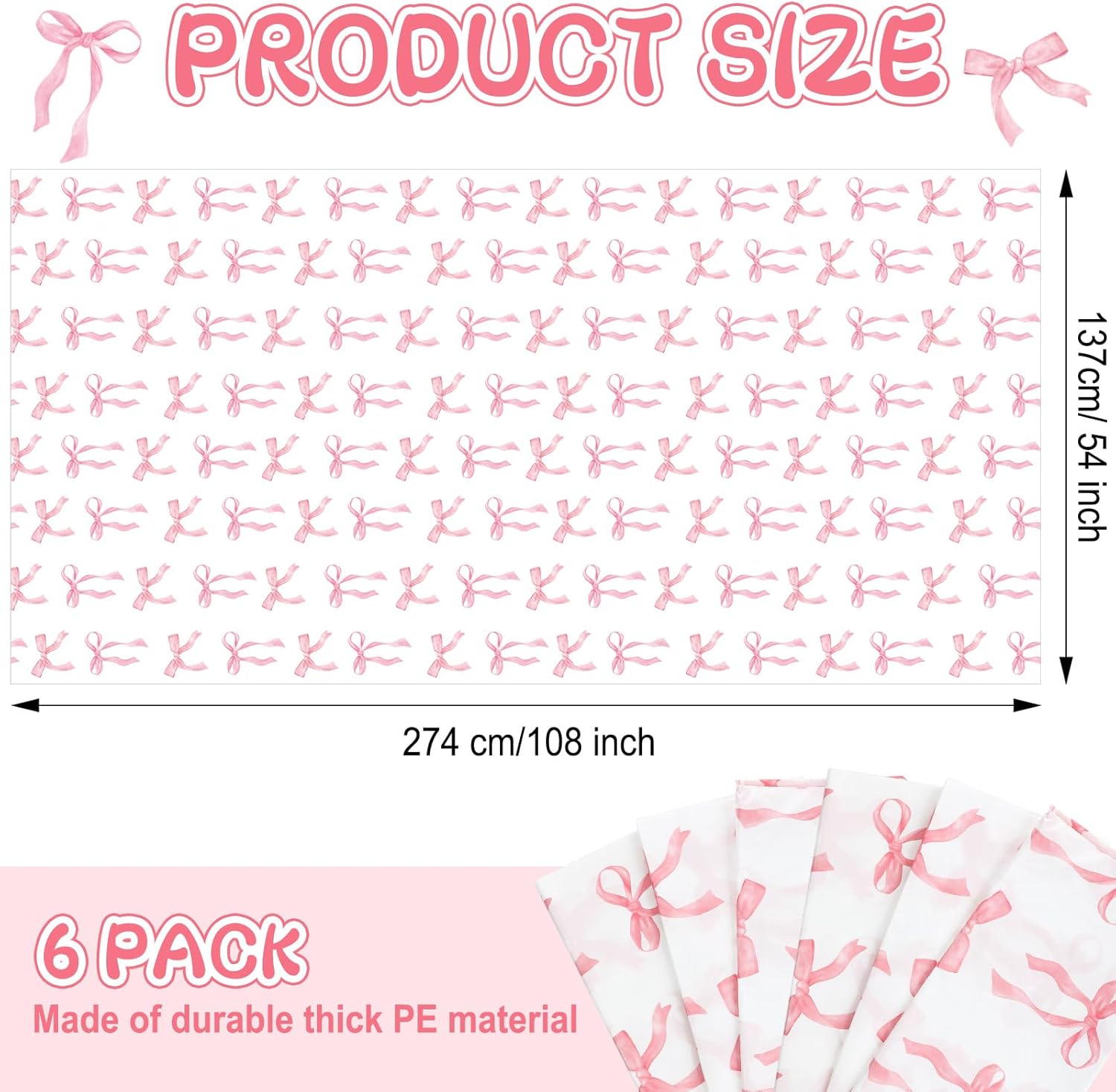 Oudain 6 Pcs Pink Bow Table Cloth 54x108 Inch