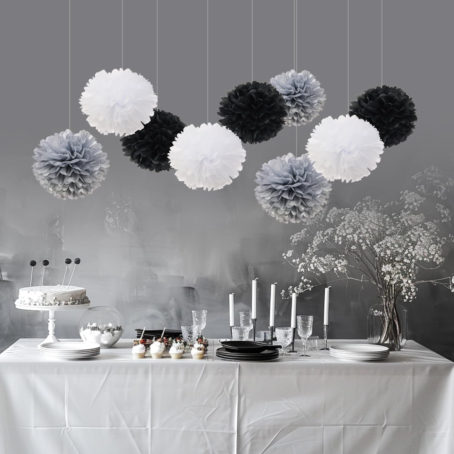 Tissue Pom Poms 12-Inch Pack of 12 Black White Silver