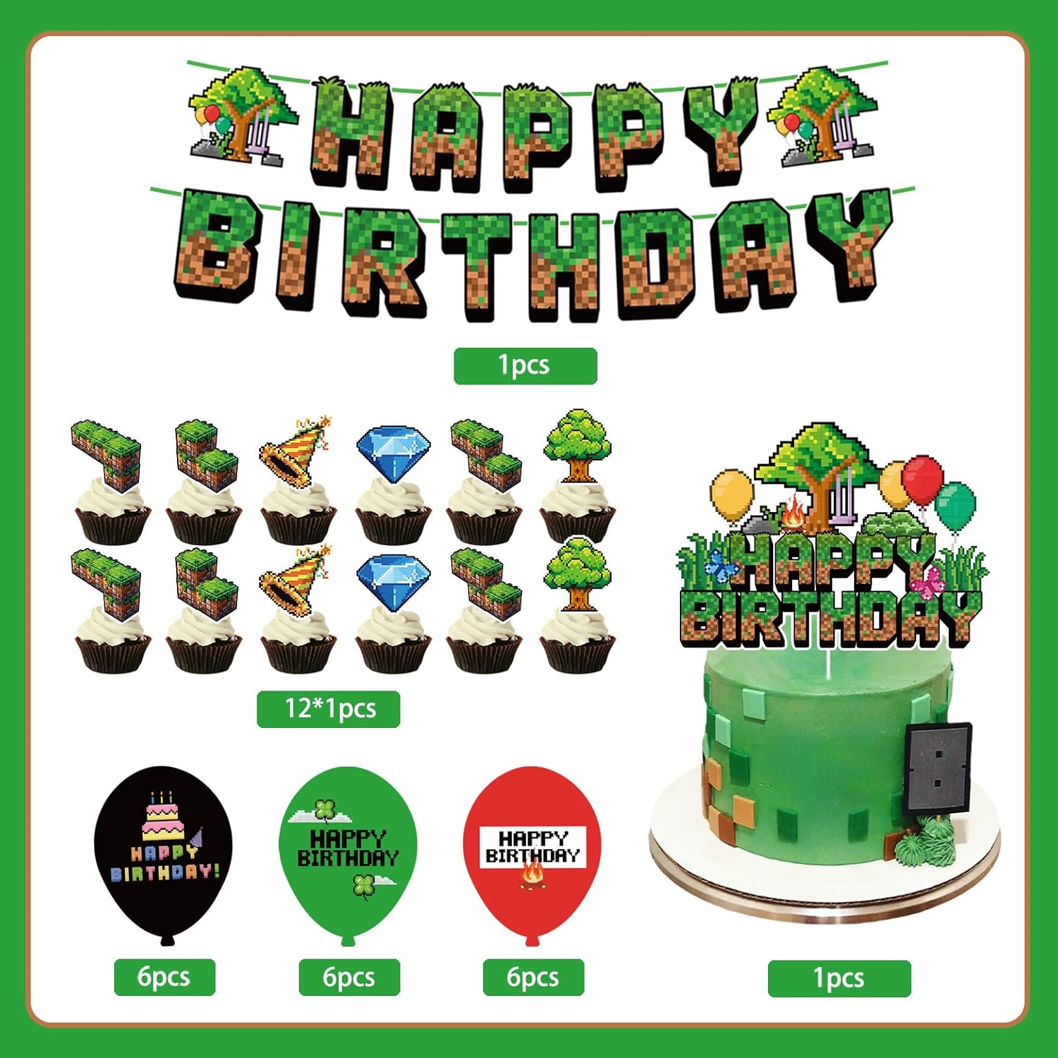Green and Brown Gaming Birthday Party Decorations 32pcs
