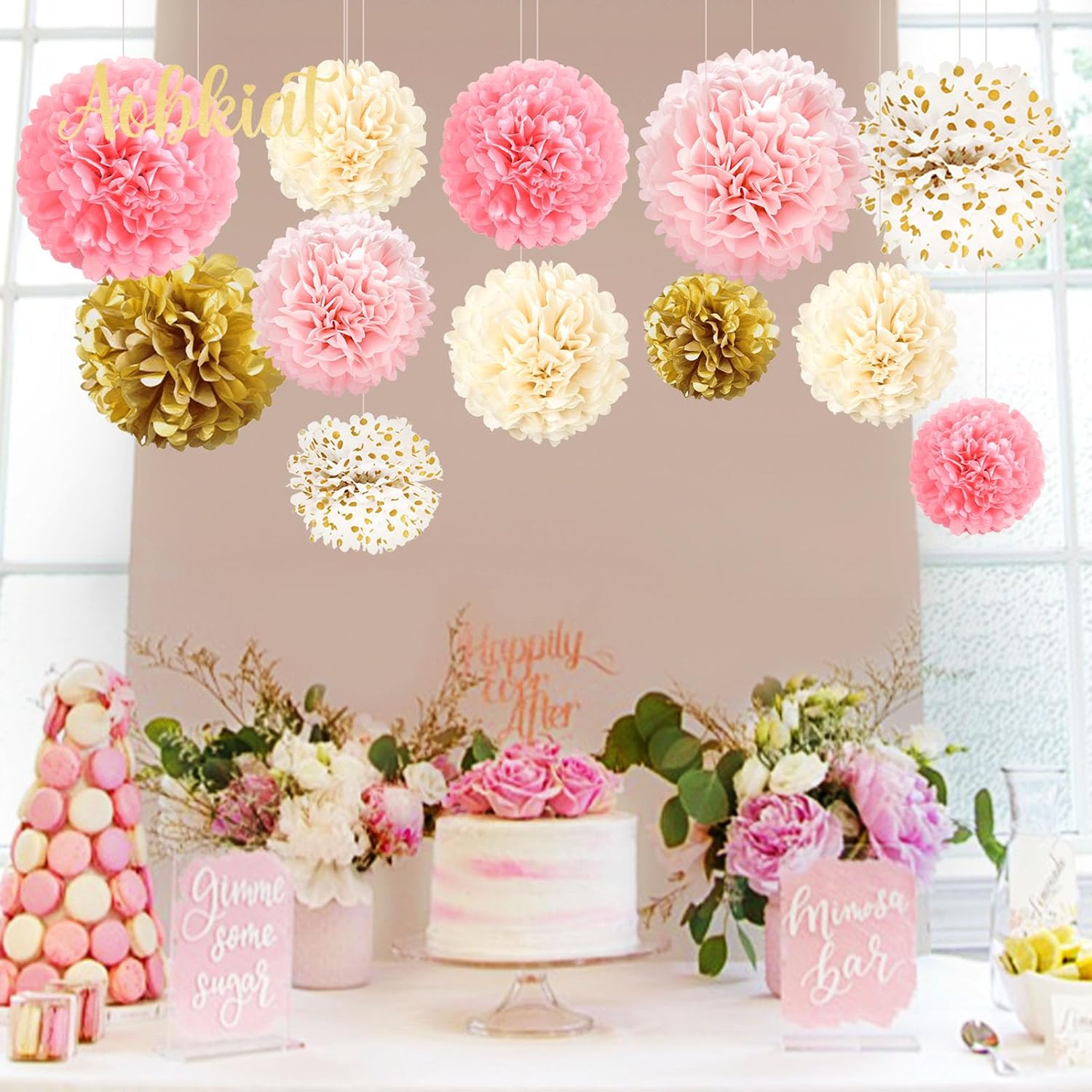 AOBKIAT Pink Gold Tissue Paper Pom Poms Set 12PCS