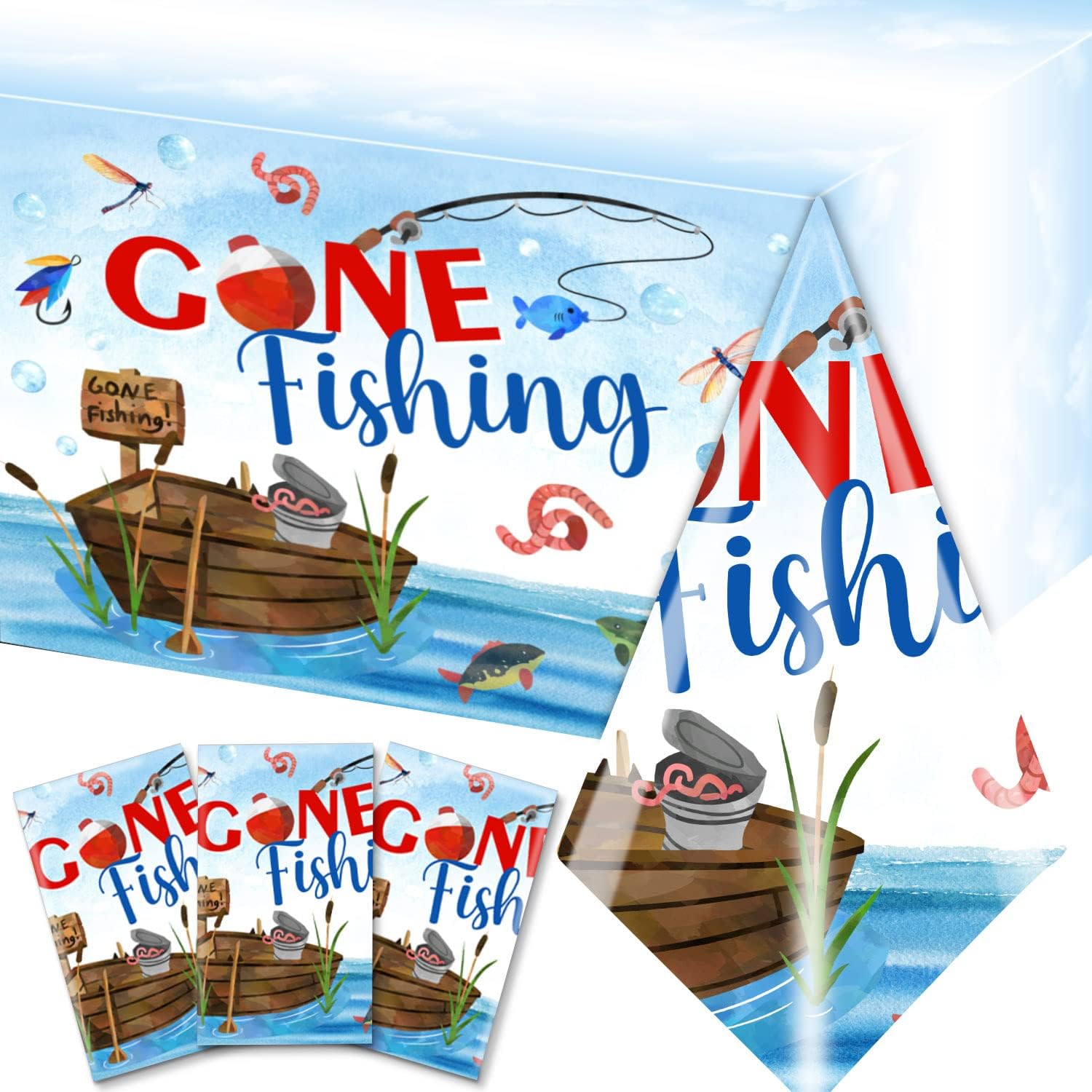 GREHUMOR 3Pcs Gone Fishing Tablecloth for Party Decorations