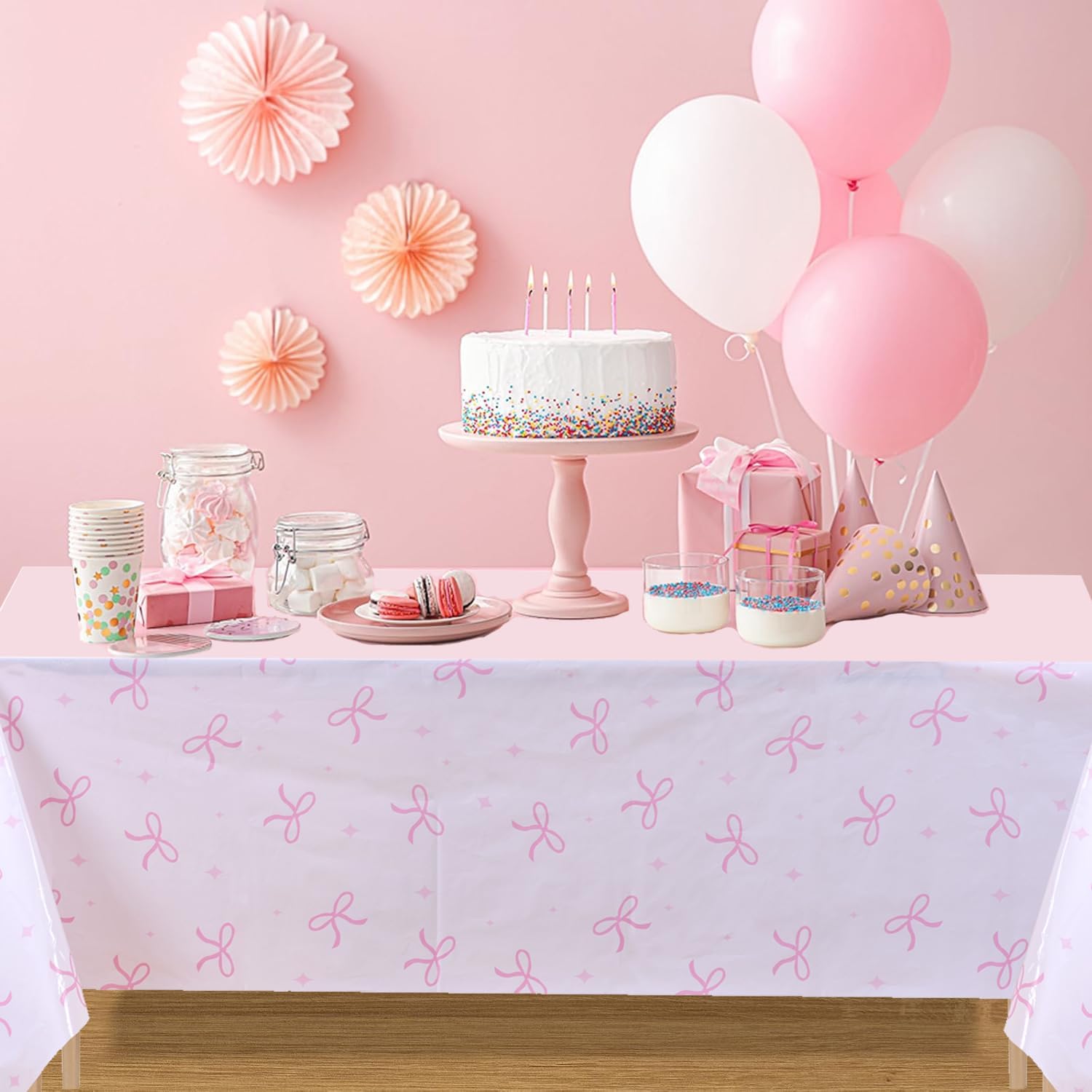 3pc Pink Bow Tablecloth Set for Bow Theme Parties