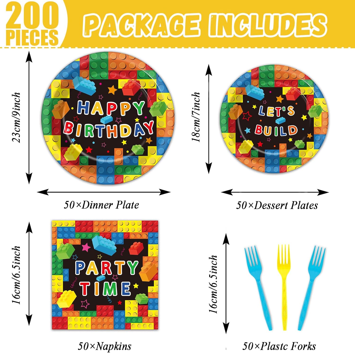 200 Pcs Building Block Party Plates Napkins Forks Set