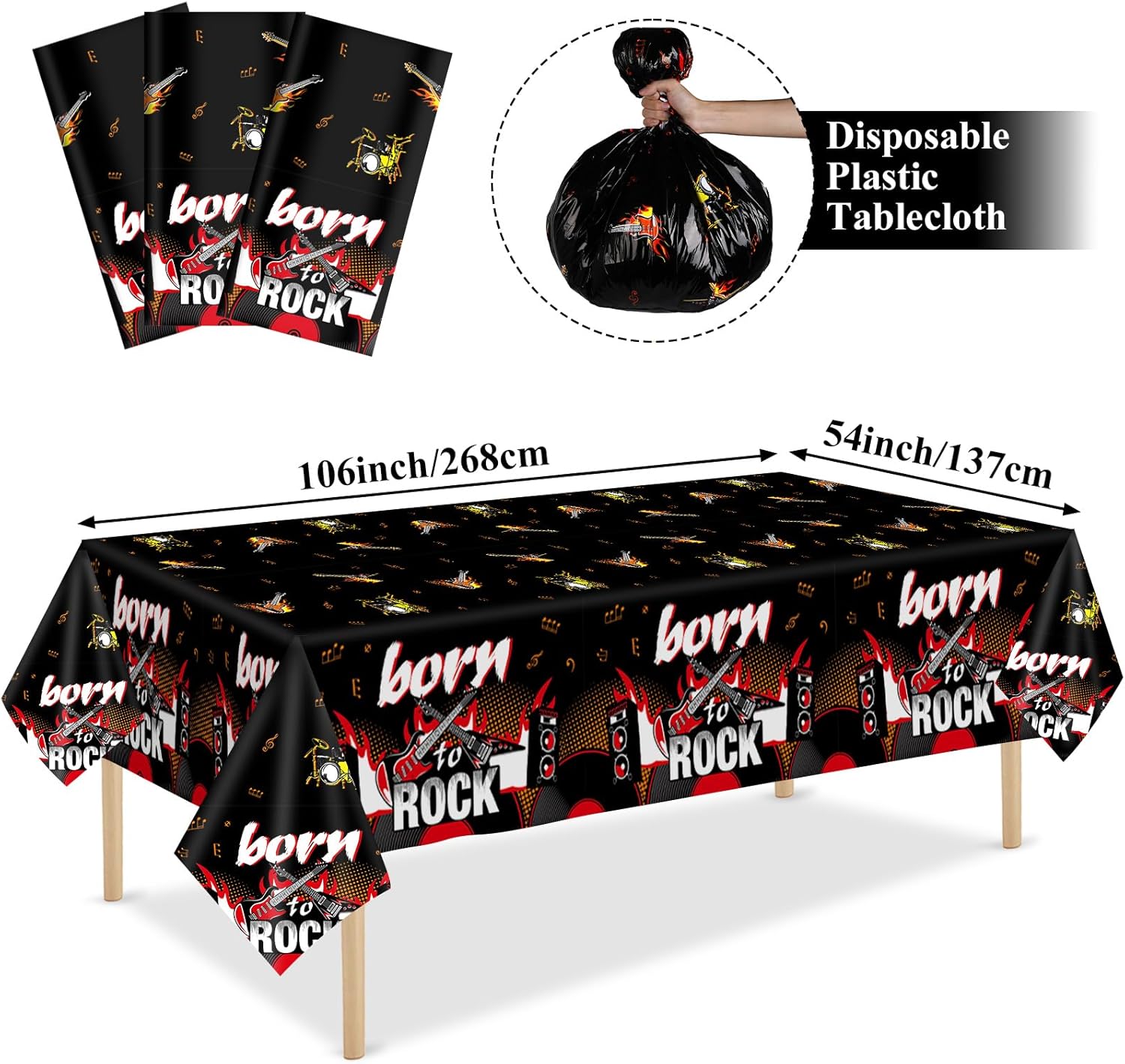 Rock Themed 3PCS Party Tablecloths 108x54 Inch Decorations