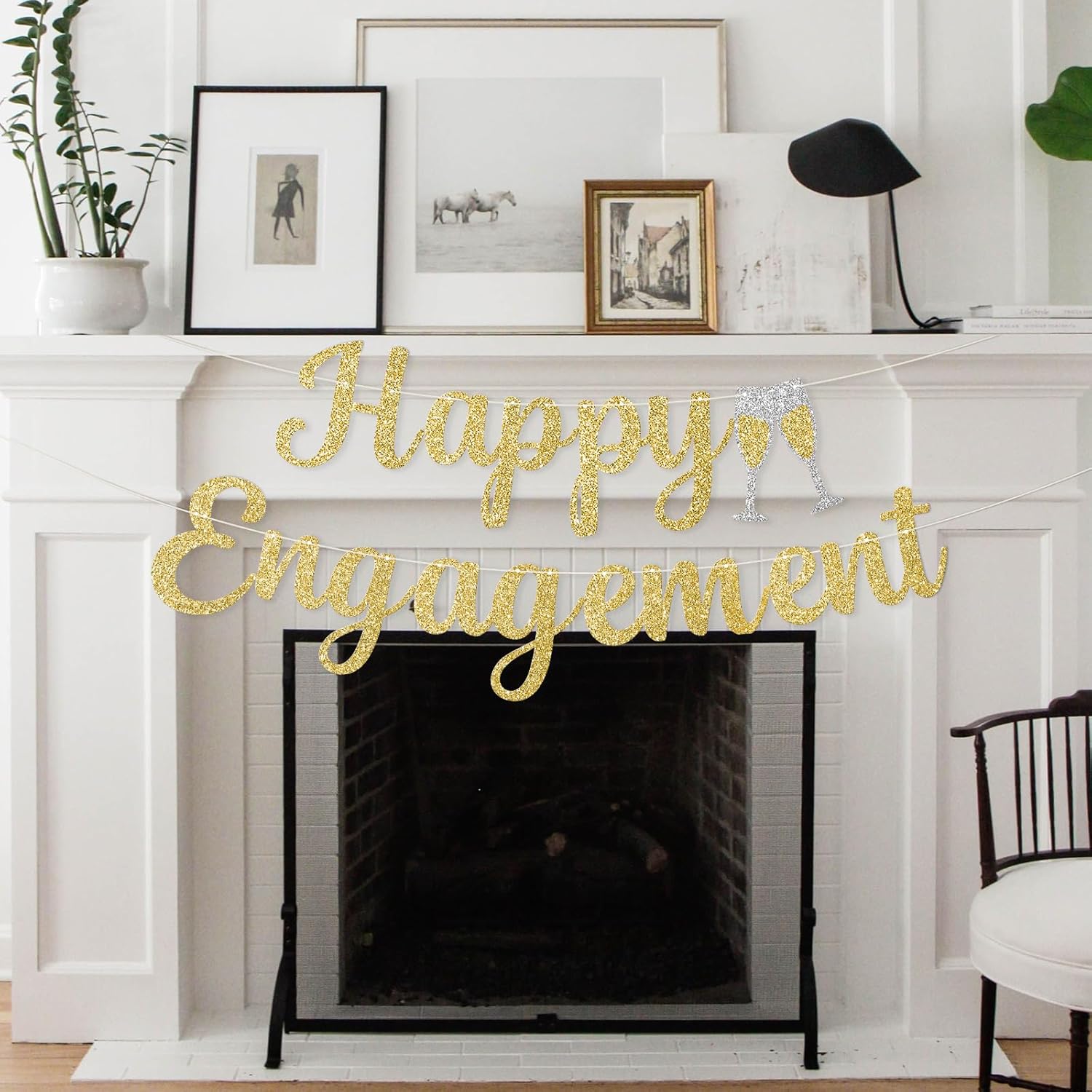 Pre-Strung Happy Engagement Banner Gold Glitter