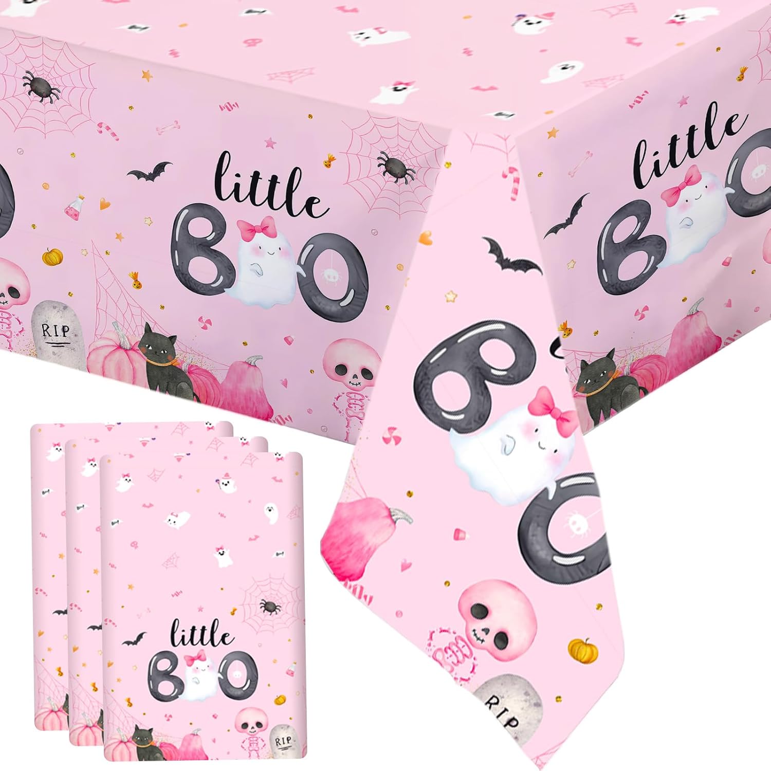 MEHOFOND 3pcs Little Boo Tablecloths Pink Halloween Decorations