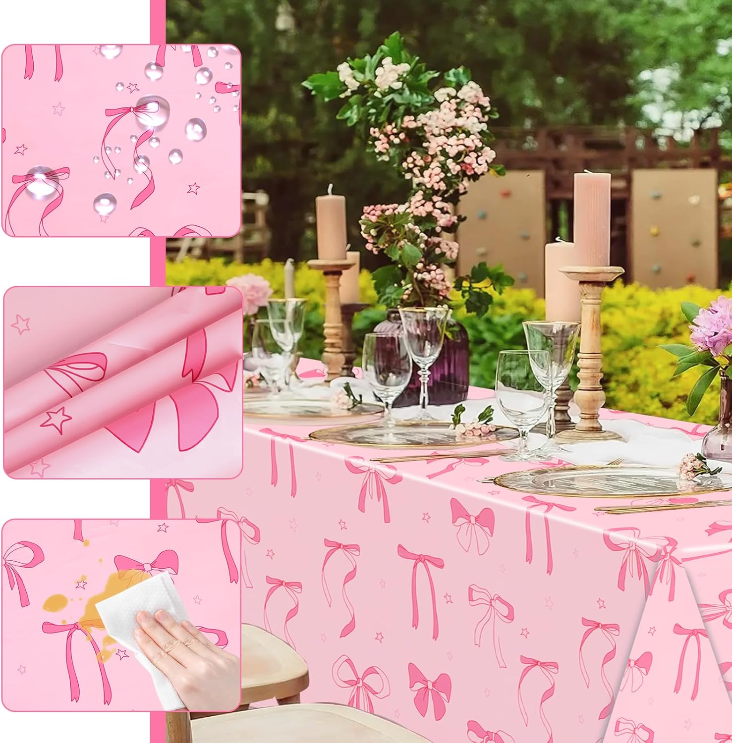 PHOGARY Pink Bow Tablecloths 3PCS for Birthday Party