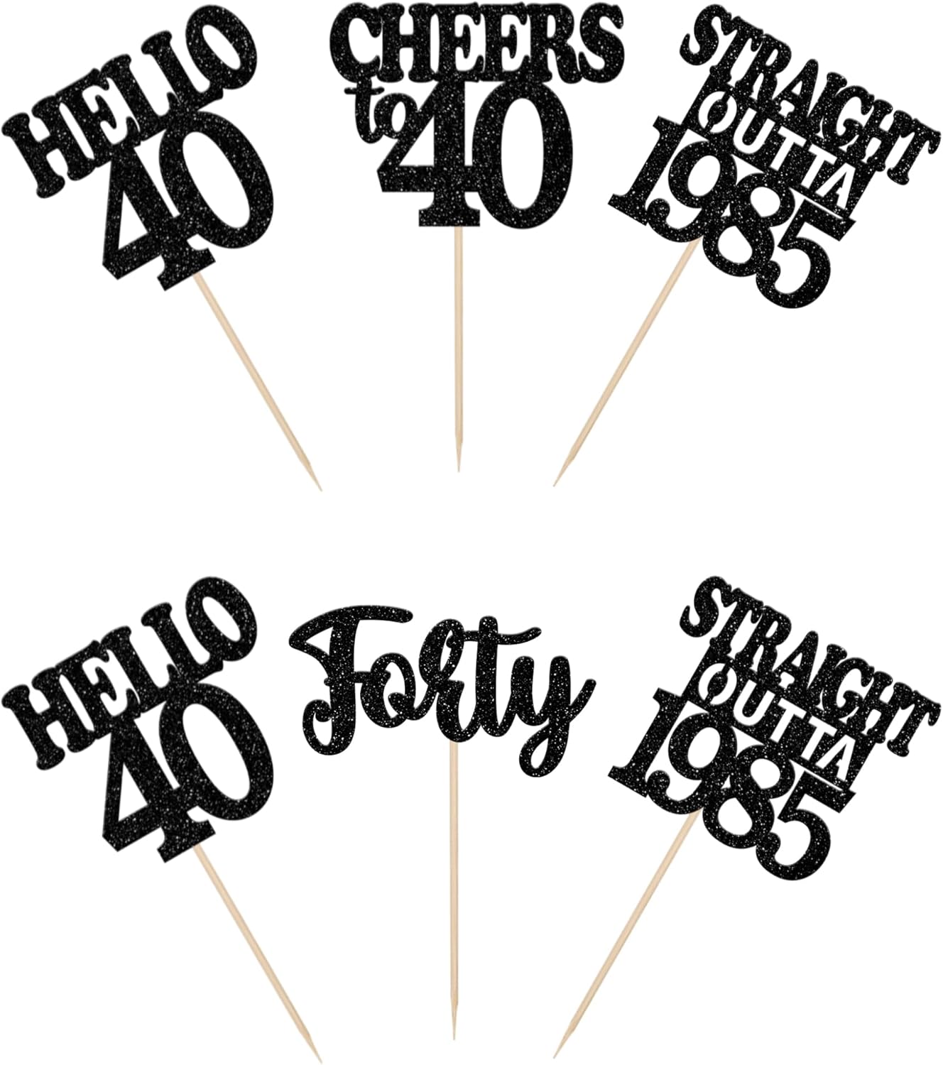 36PCS Happy 40th Birthday Cupcake Toppers Black Glitter