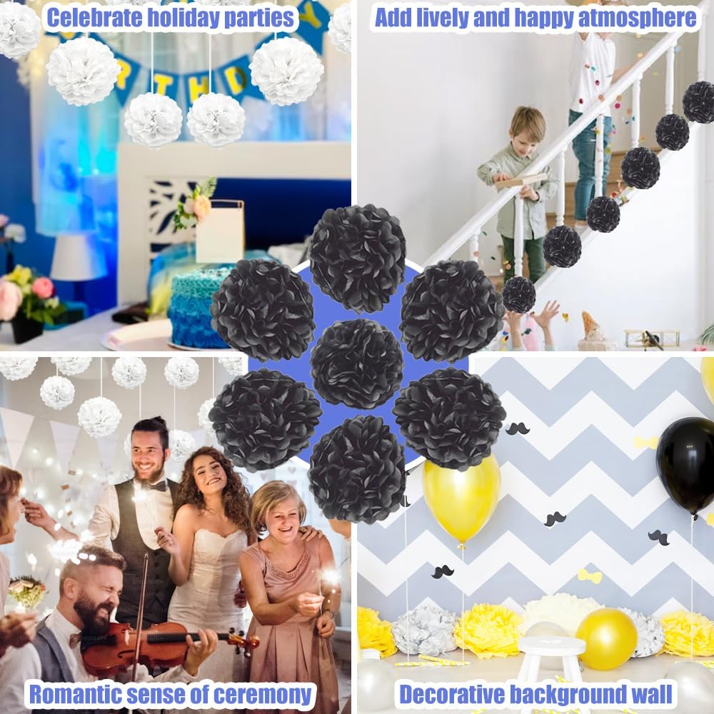Hocansen 12Pcs Tissue Paper Pompoms 10in 12in Black Party Decorations