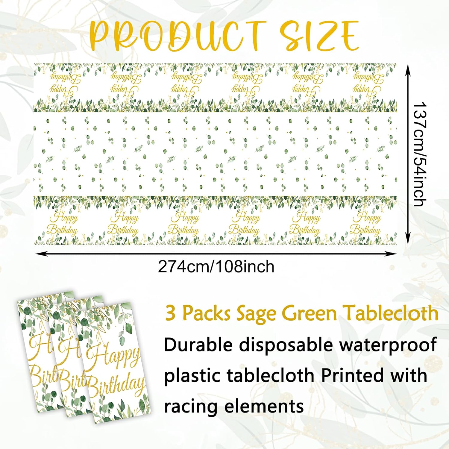 3 Pack Sage Green Glitter Tablecloths with Happy Birthday Text