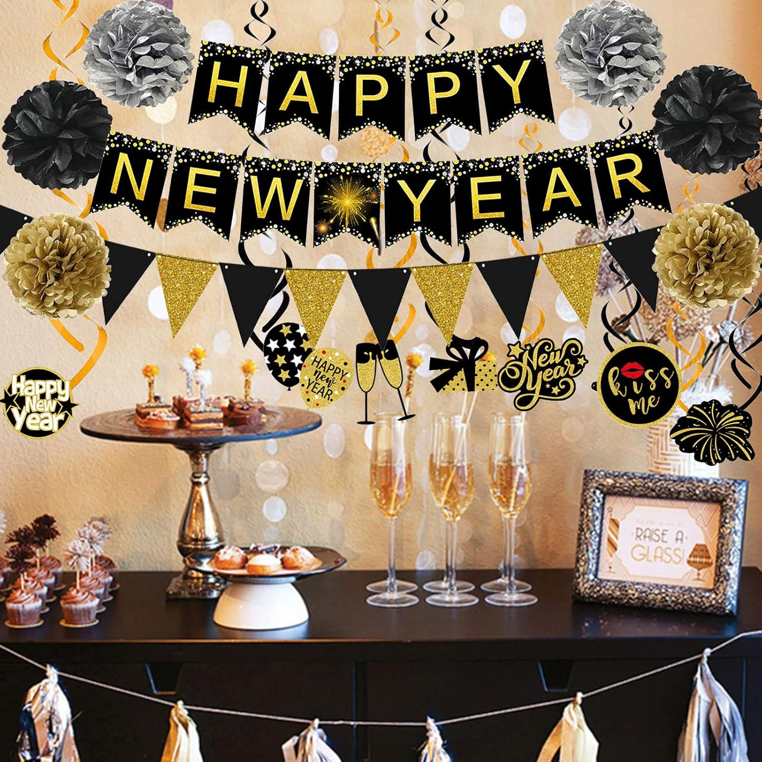 Happy New Year Banner Triangle Flag with Pom Poms and Swirls Garland