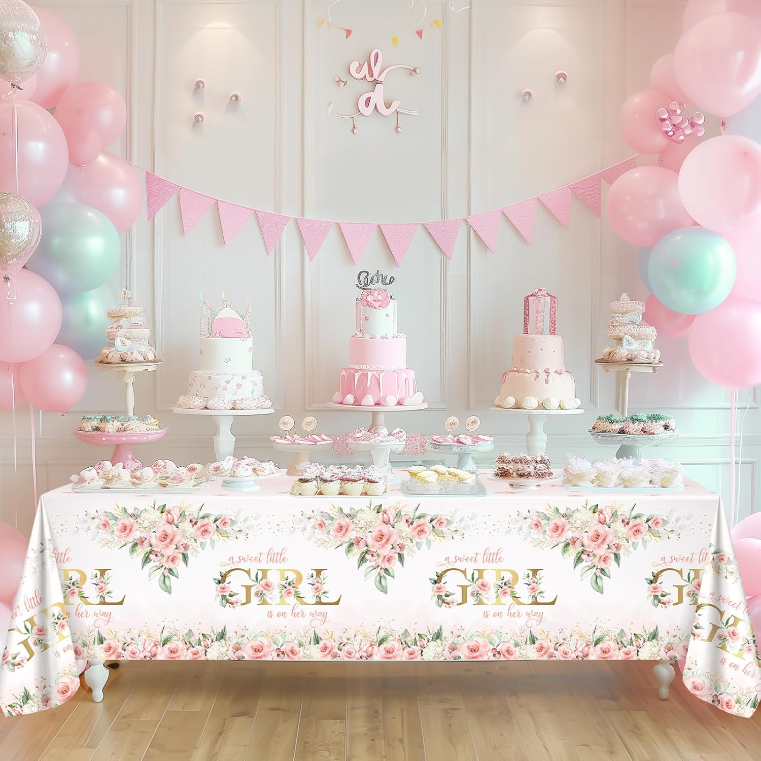 Avezano 3 Pcs Pink Floral Baby Shower Tablecloth 108x54 Inch