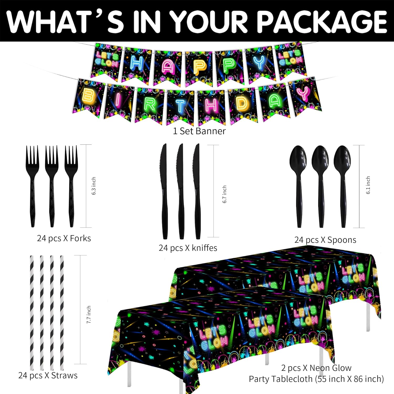 Neon Glow Birthday Party Decorations Set Serves 24