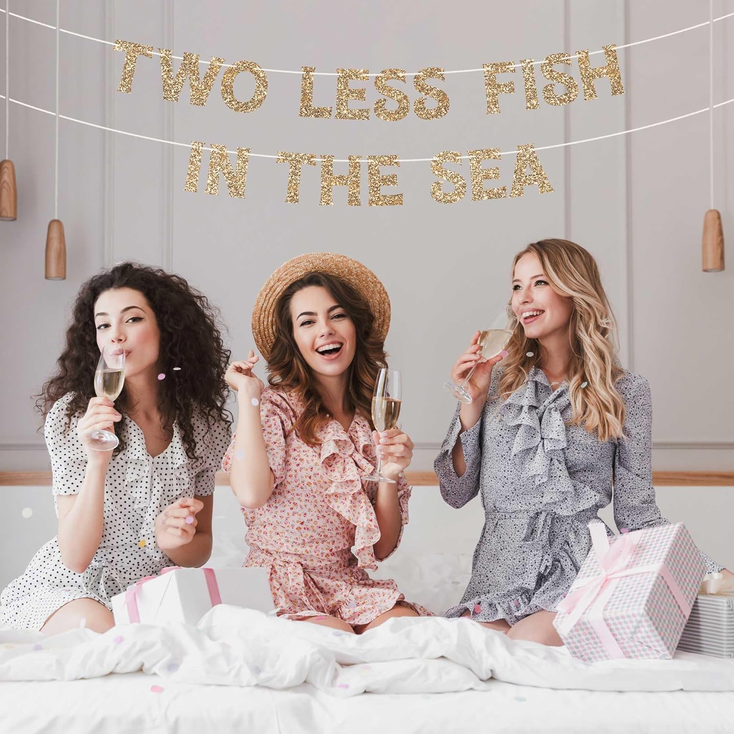 Pre-Strung Two Less Fish In The Sea Banner - Gold Glitter