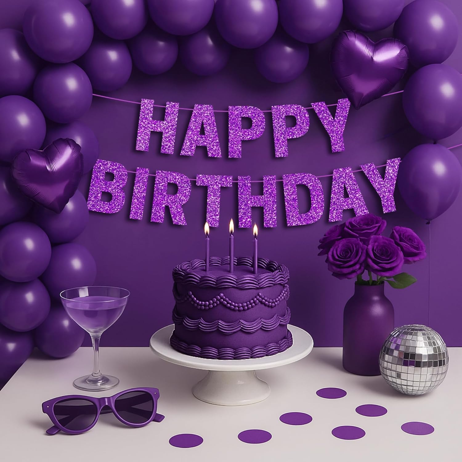 Pre-Strung Purple Glitter Happy Birthday Banner for Girls Women