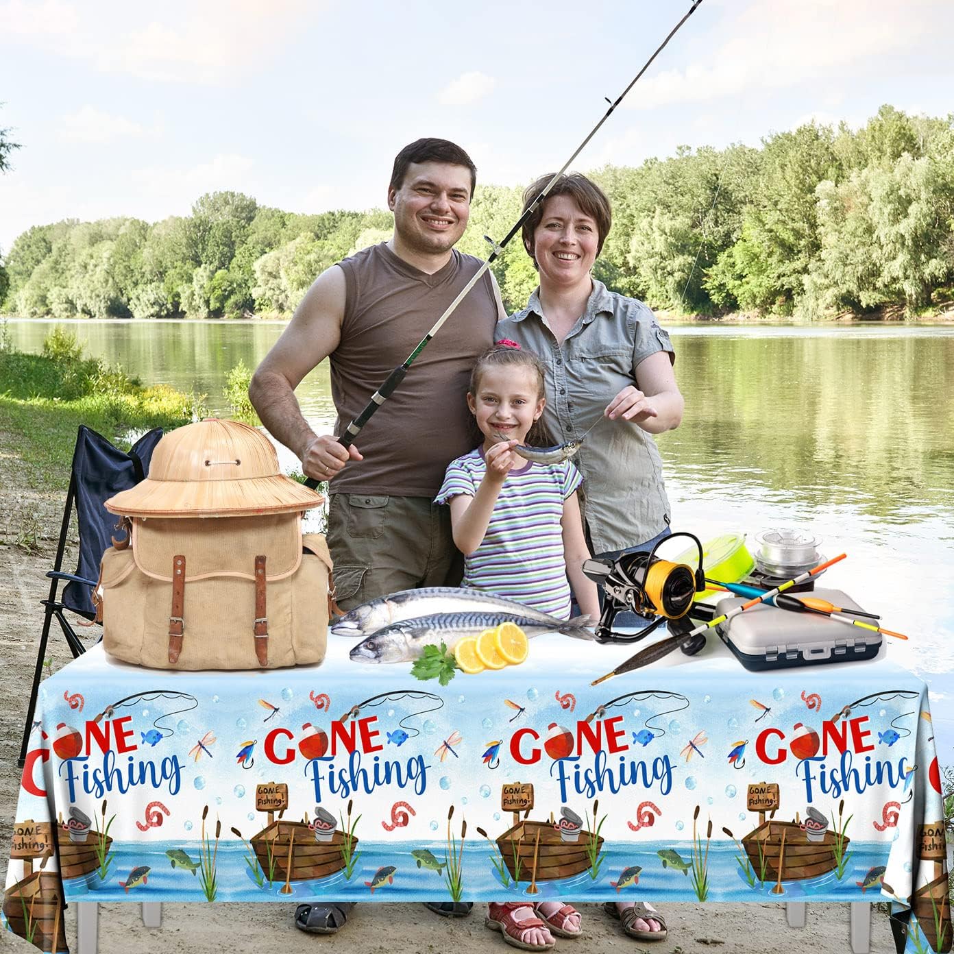GREHUMOR 3Pcs Gone Fishing Tablecloth for Party Decorations