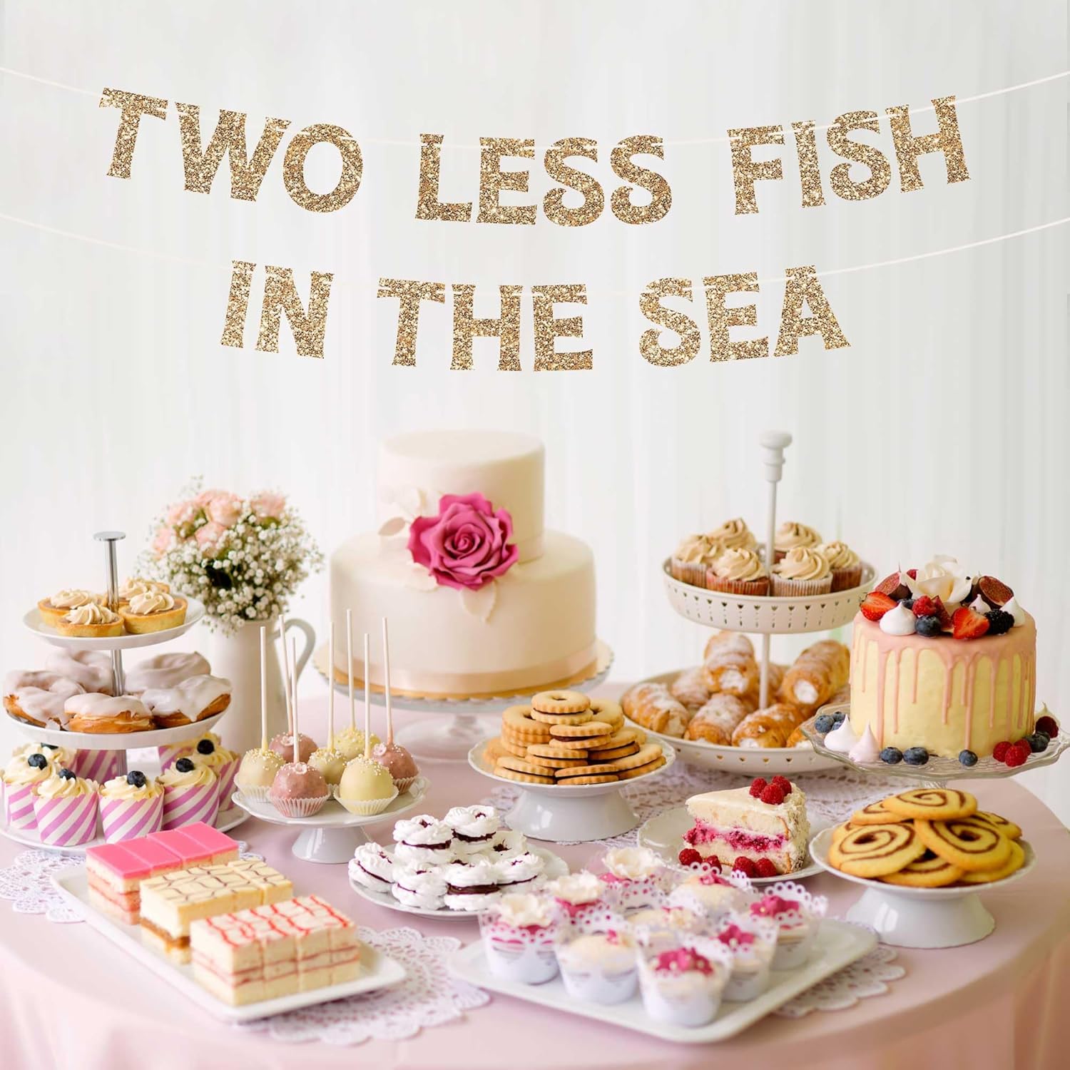 Pre-Strung Two Less Fish In The Sea Banner - Gold Glitter