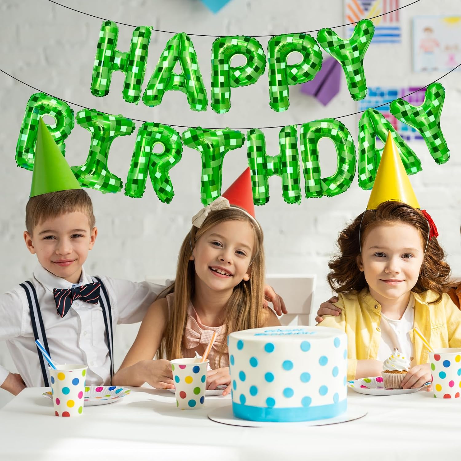 Pixel Themed Happy Birthday Banner Decor Kit with Balloons