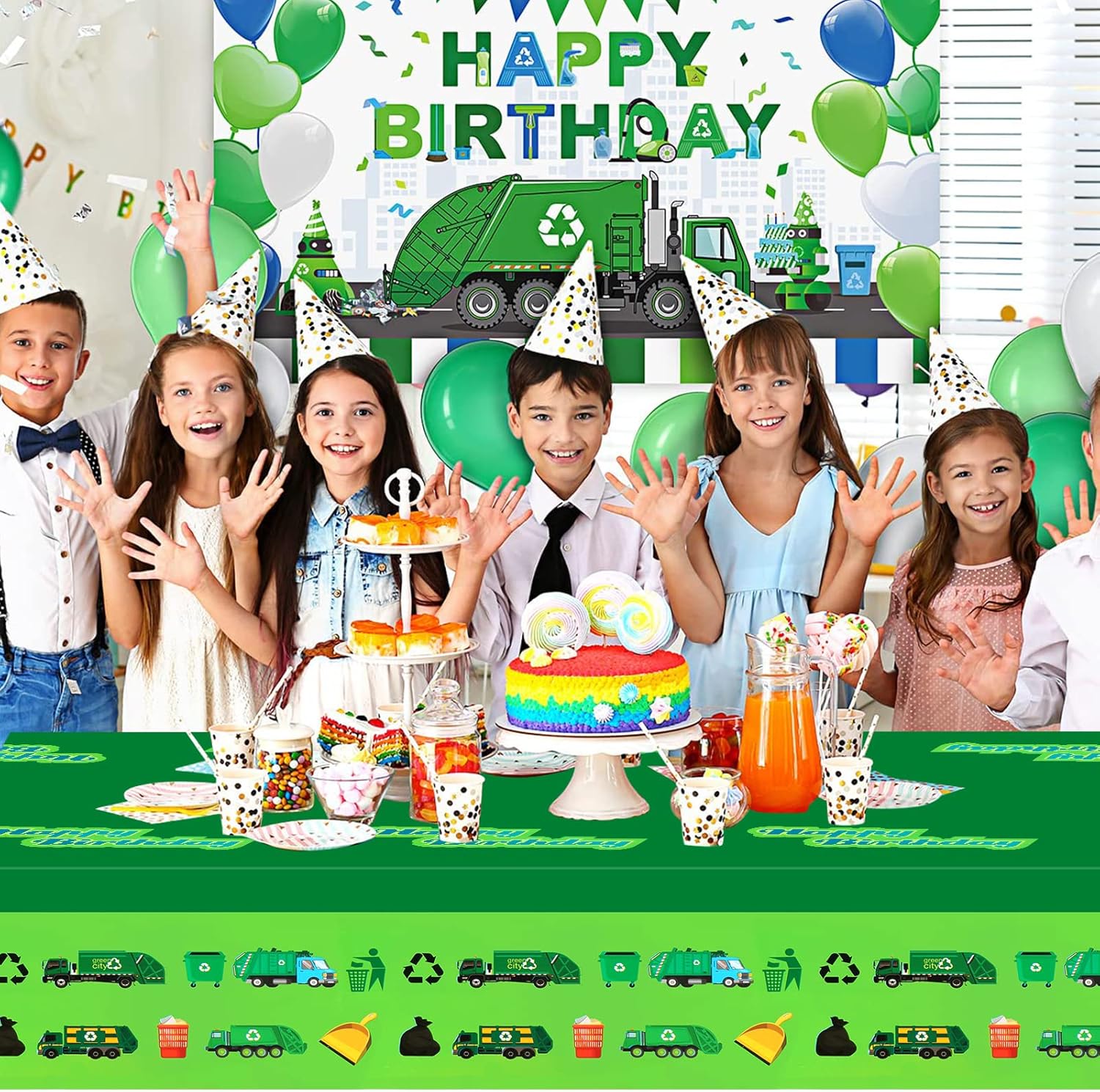 PHOGARY 2 Pack Garbage Truck Tablecloths for Birthday Party Supplies
