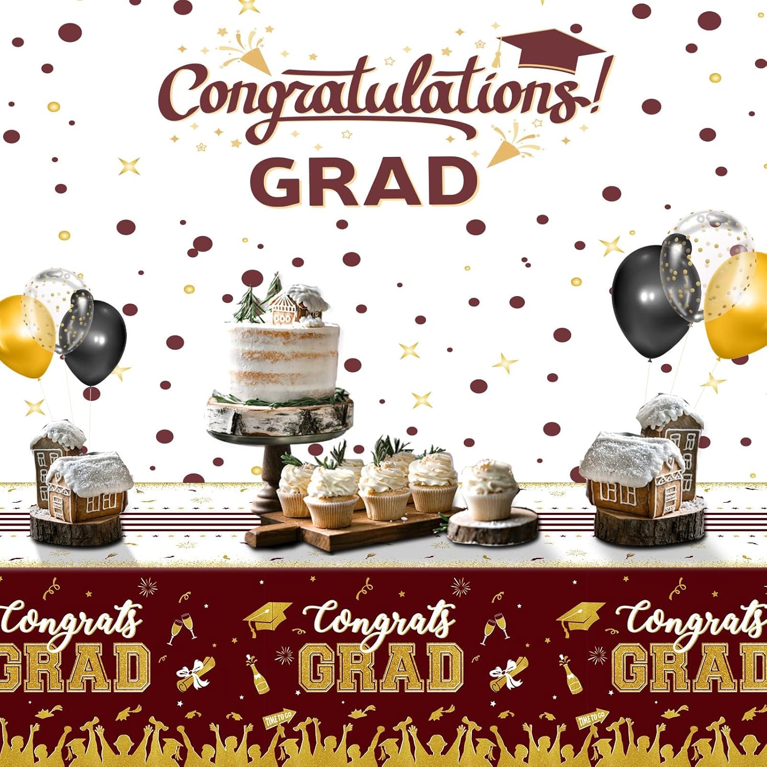 Chiazllta 3 Piece Graduation Tablecloth Set Maroon Gold