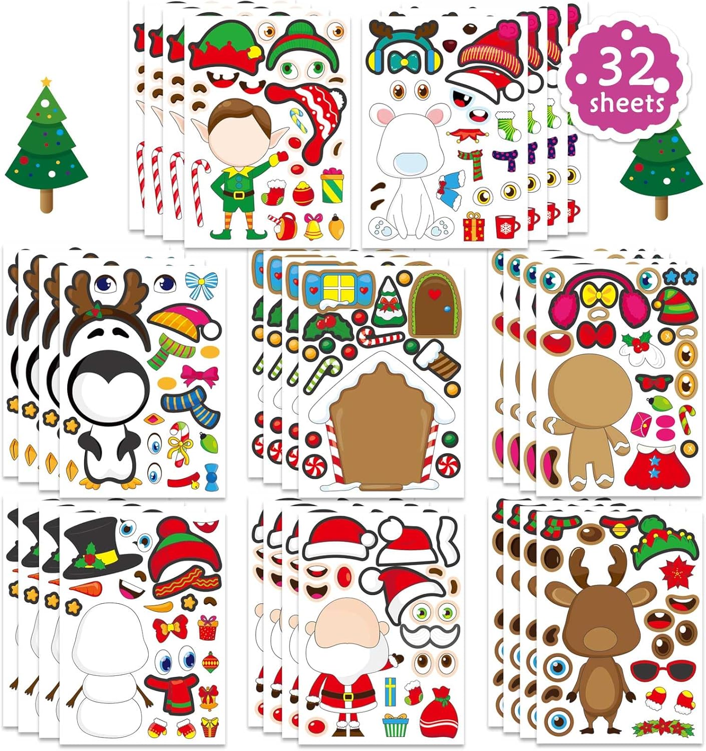32 Sheet Christmas Stickers for Kids Make Your Own Characters