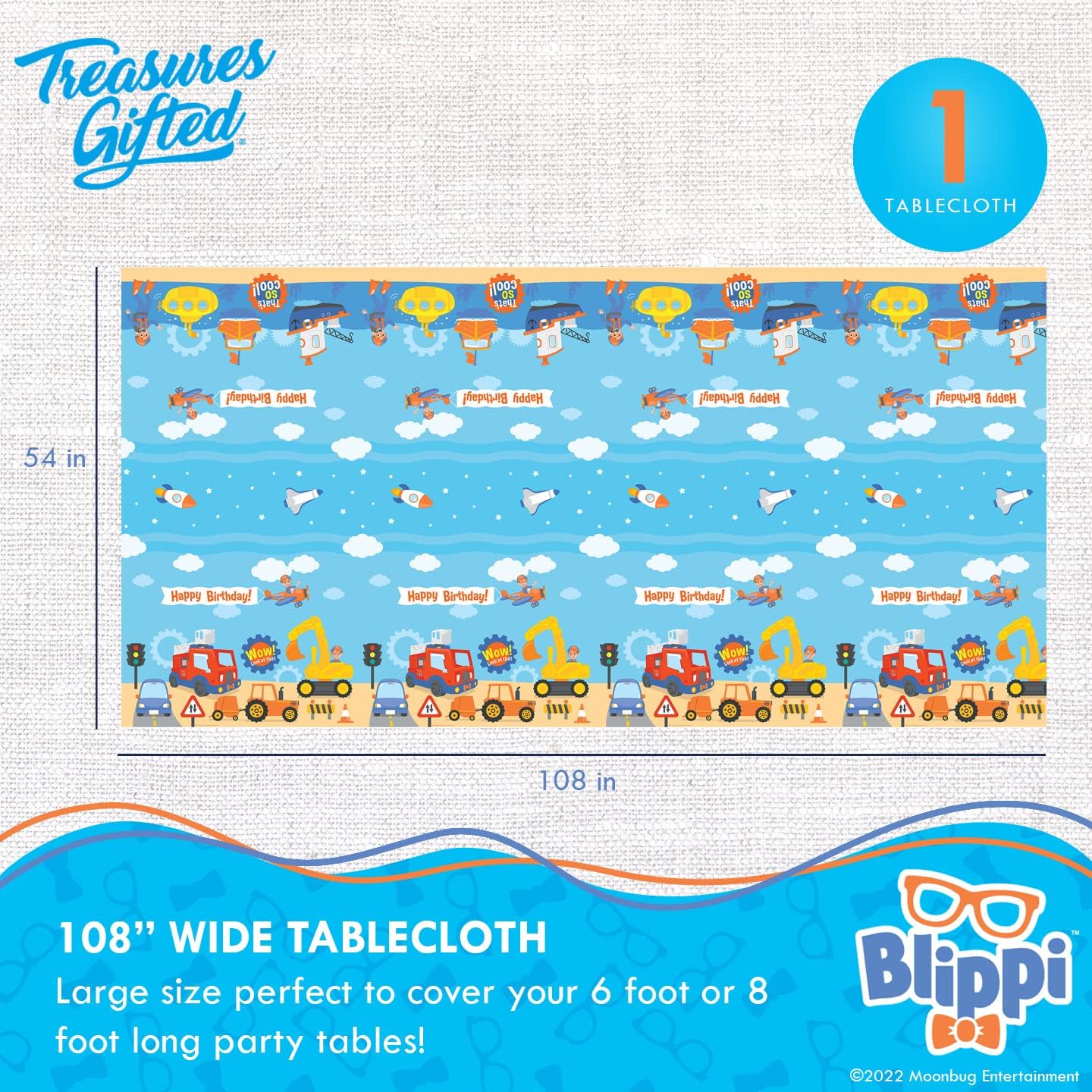 Treasures Gifted Blippi Themed Tablecloth 54x108 for Parties