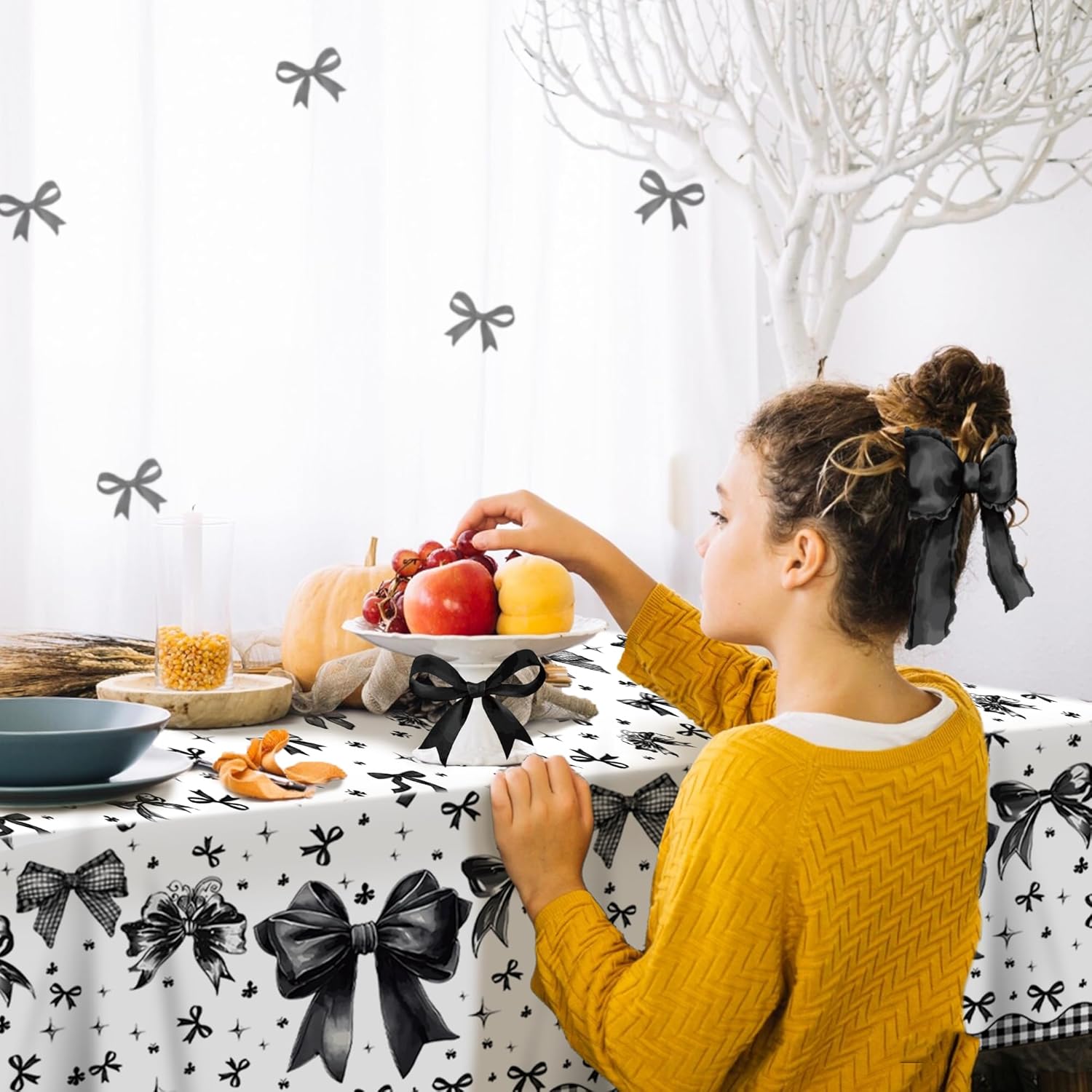 Lide Road 2Pcs Black Bow Tablecloth for Party Decorations
