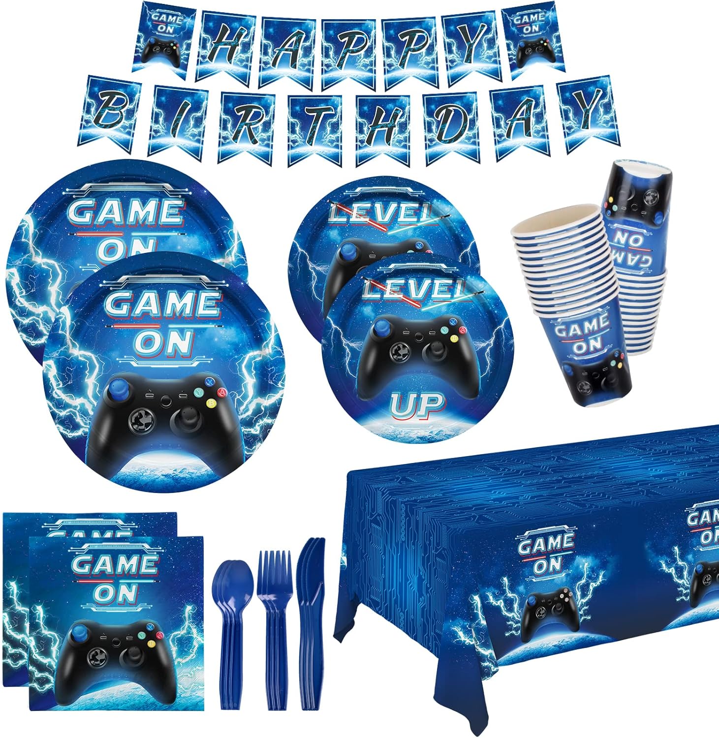 Video Game Party Kit for 25 Includes Plates Cups Cutlery Tablecloth Banner