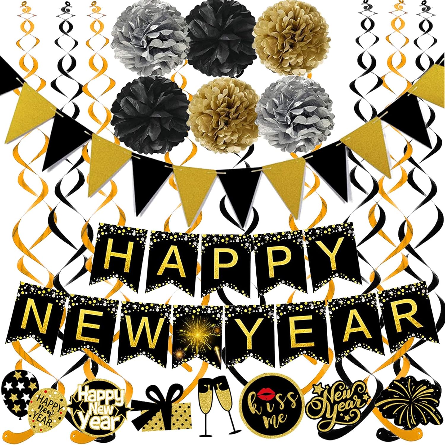 Happy New Year Banner Triangle Flag with Pom Poms and Swirls Garland