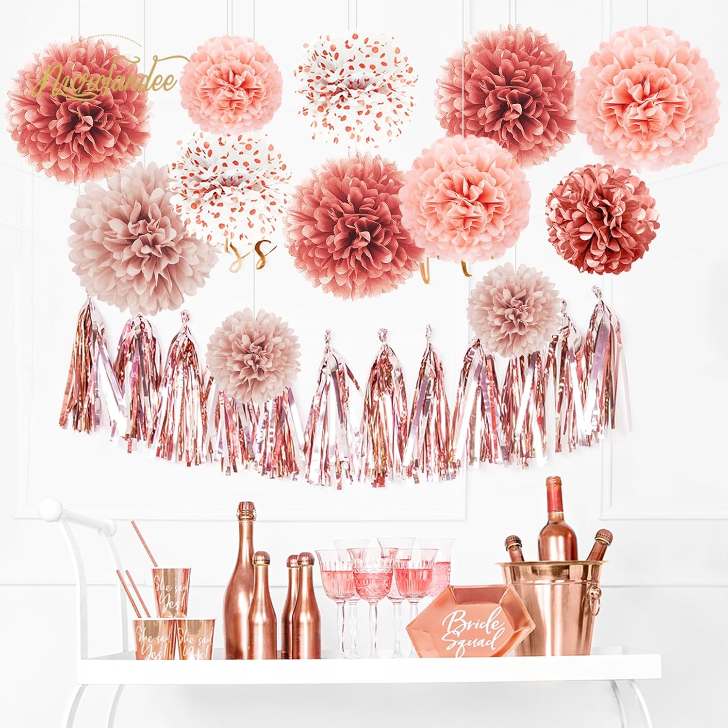 NICROLANDEE Rose Gold Tissue Paper Pom Poms 12PCS