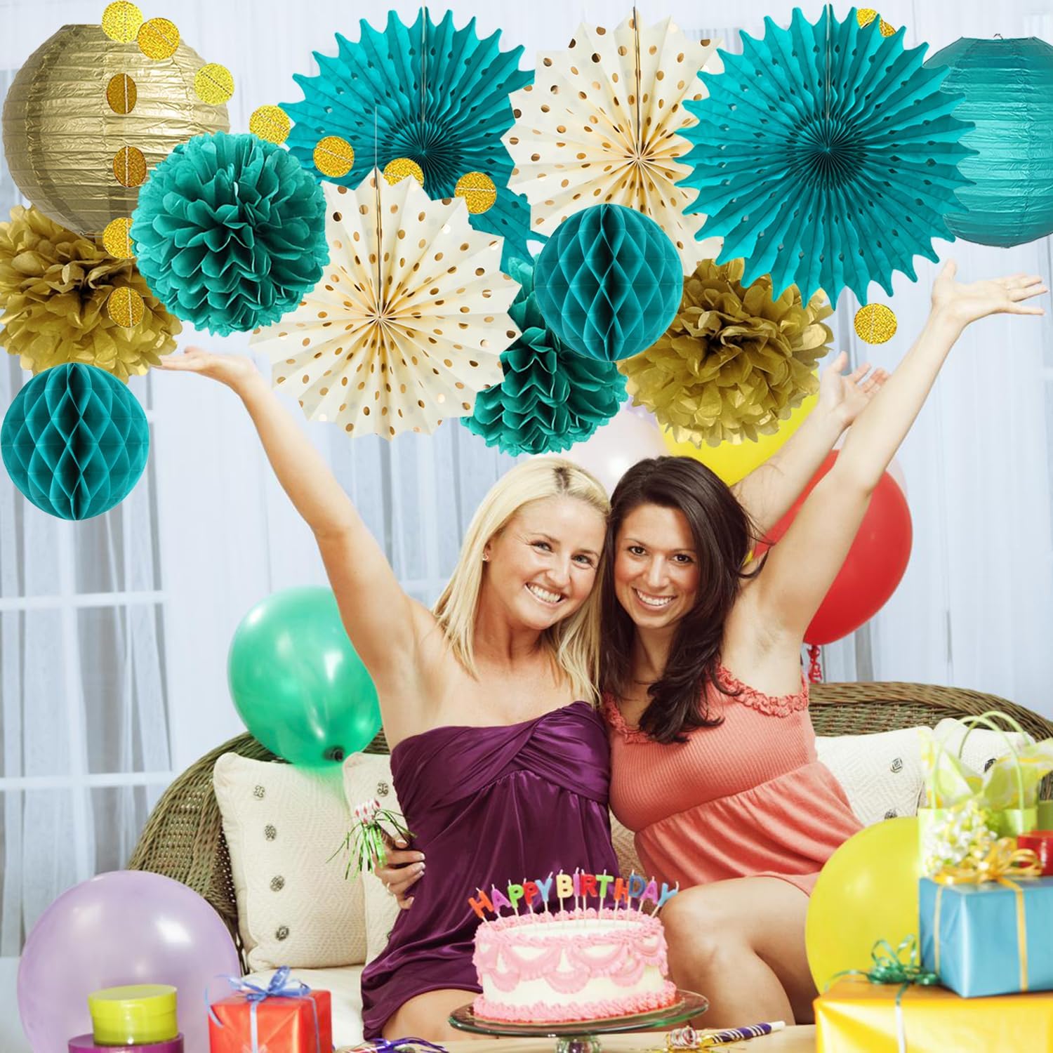 Teal Gold Party Decorations Tissue Pom Poms Garland Fans Lanterns