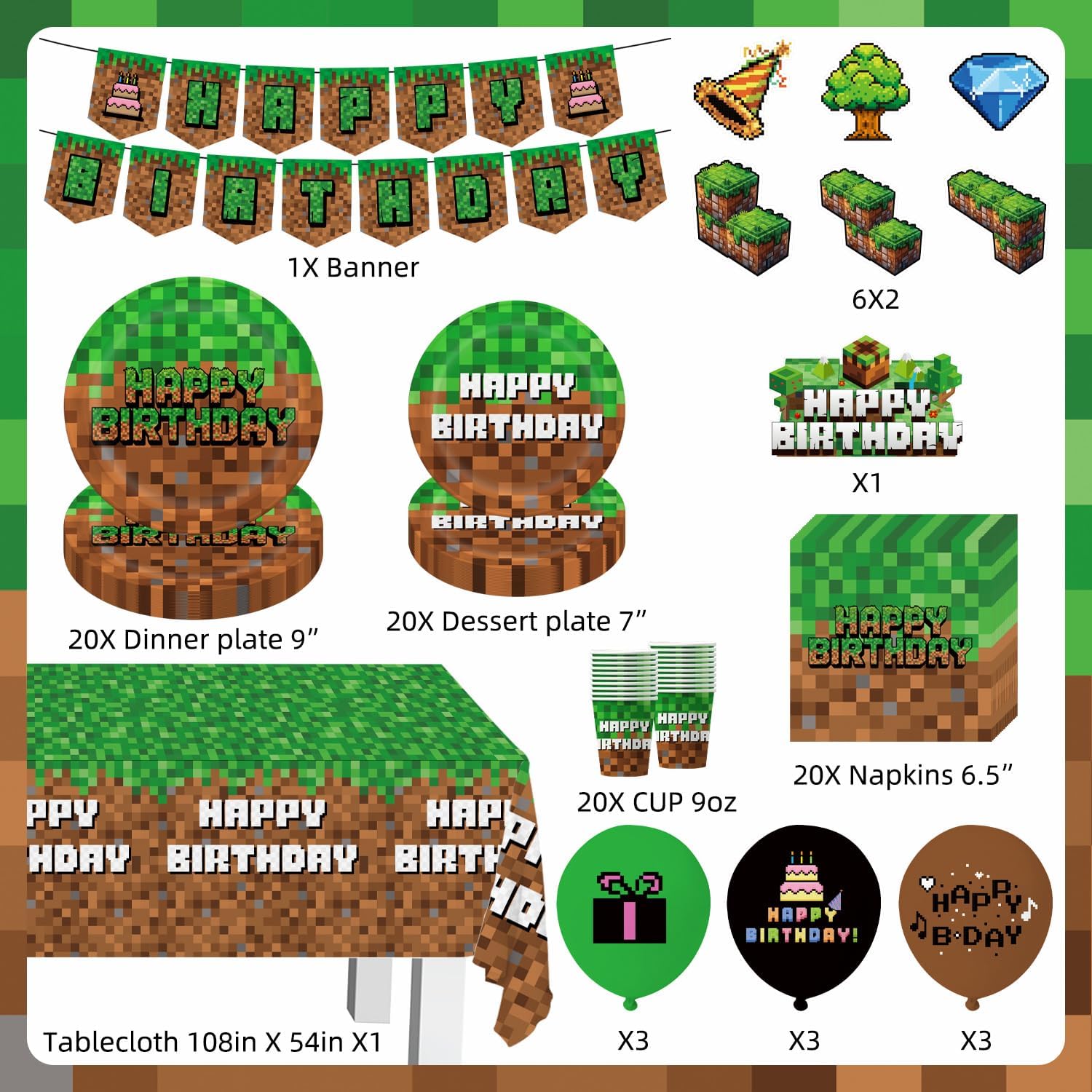 Green and Brown Video Game Birthday Party Decor Set 104Pcs