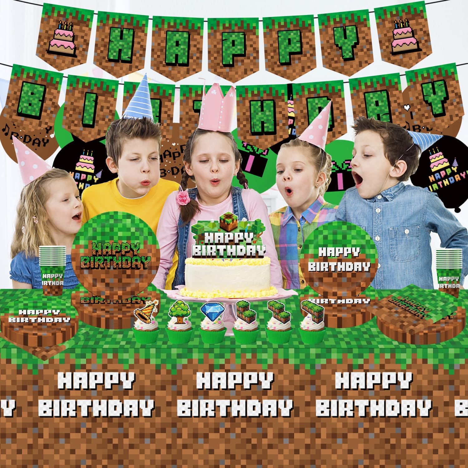 Green and Brown Video Game Birthday Party Decor Set 104Pcs